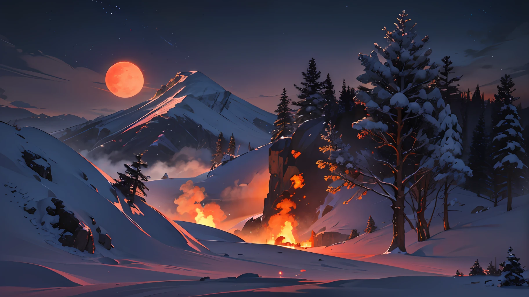 hyper realistic, illustration, beautiful landcape, highly detailed, snowy landcape, Vulcano, fire, smoke, black sky, big red moon, trees --auto --s2