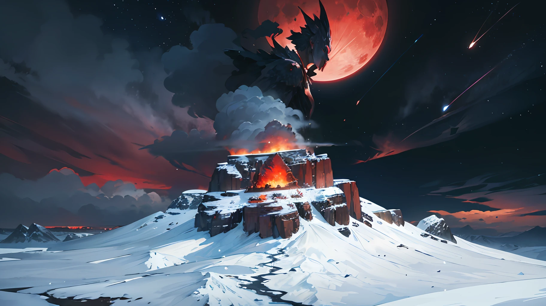 hyper realistic, illustration, beautiful landcape, highly detailed, snowy landcape, Vulcano, fire, smoke, black sky, big red moon, trees --auto --s2