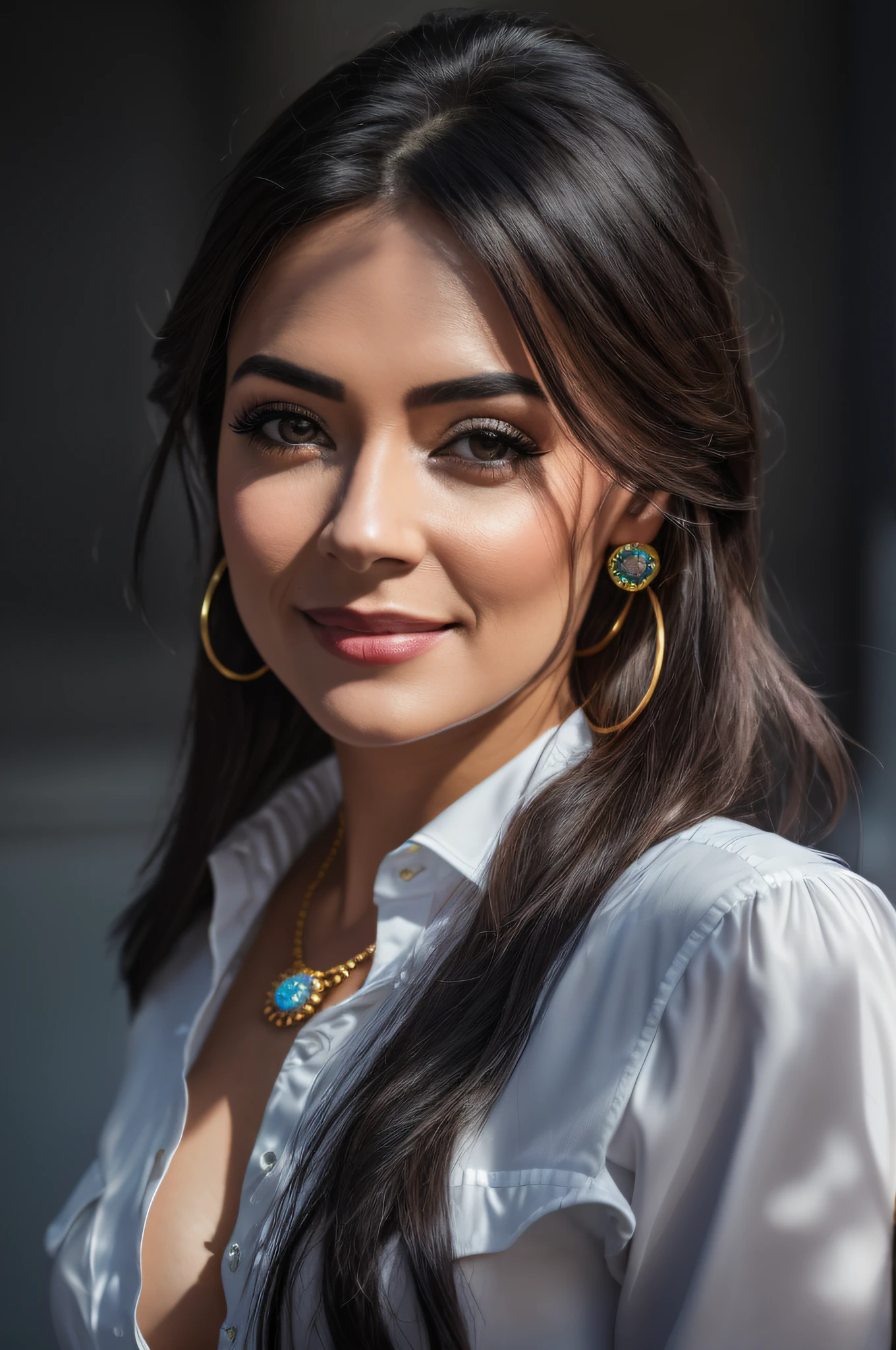 8k, RAW photography, portrait, best quality, ultra high definition, photorealism, 1 girl, beauty at 30 years old, slightly lowered eyes, face to chest upscale, earrings, necklace, booby, smile, eyelashes, beautiful breasts, bright daytime outdoors, movie lighting, depth of field, lens flare,