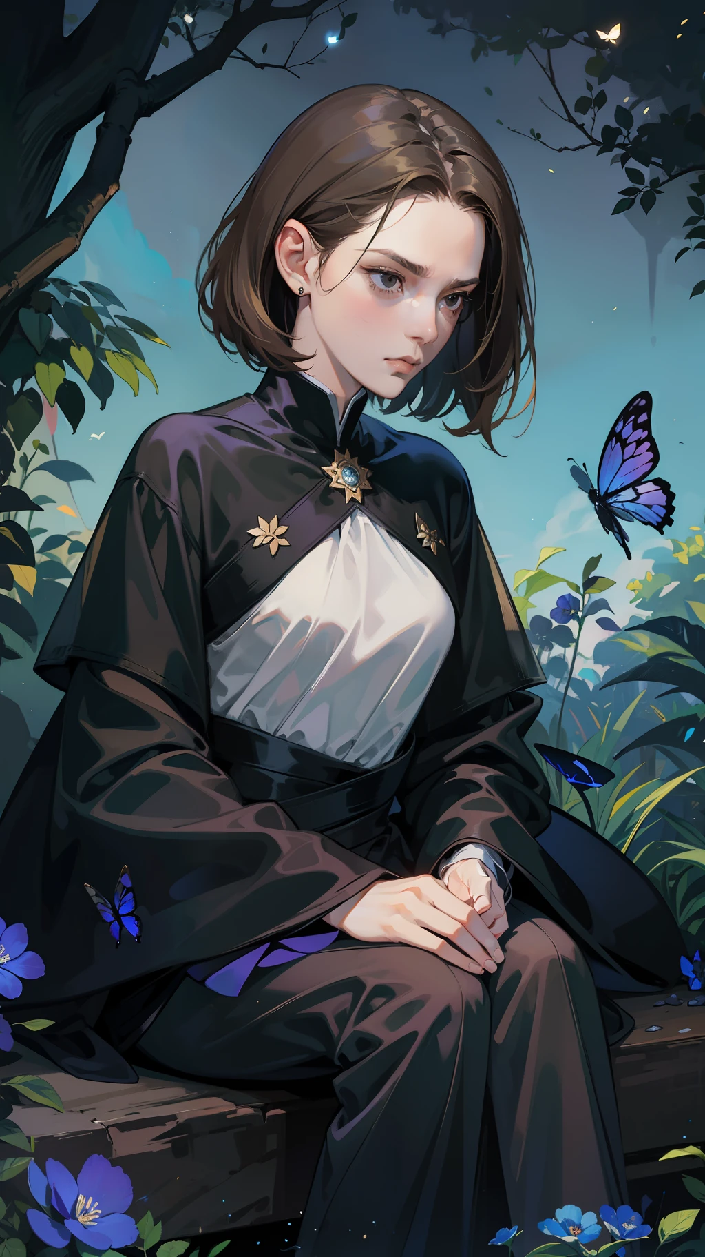 ((Superior quality, portraits, masterpieces, 8K: 1.3 wallpapers)), girl with short wavy brown hair (((SHORT HAIR))), obsidian-like black eyes (((BLACK EYES))), (((ANNOYING, SERIOUS LOOK))) sitting on a branch of a mueto tree, bioluminescent blue butterflies, dark hour, perfect shadows and reflections of the moon on the scene. black dress covered, dark clothes of MOURNING, CLOTHES COVERING THEIR SKIN, TUNIC.