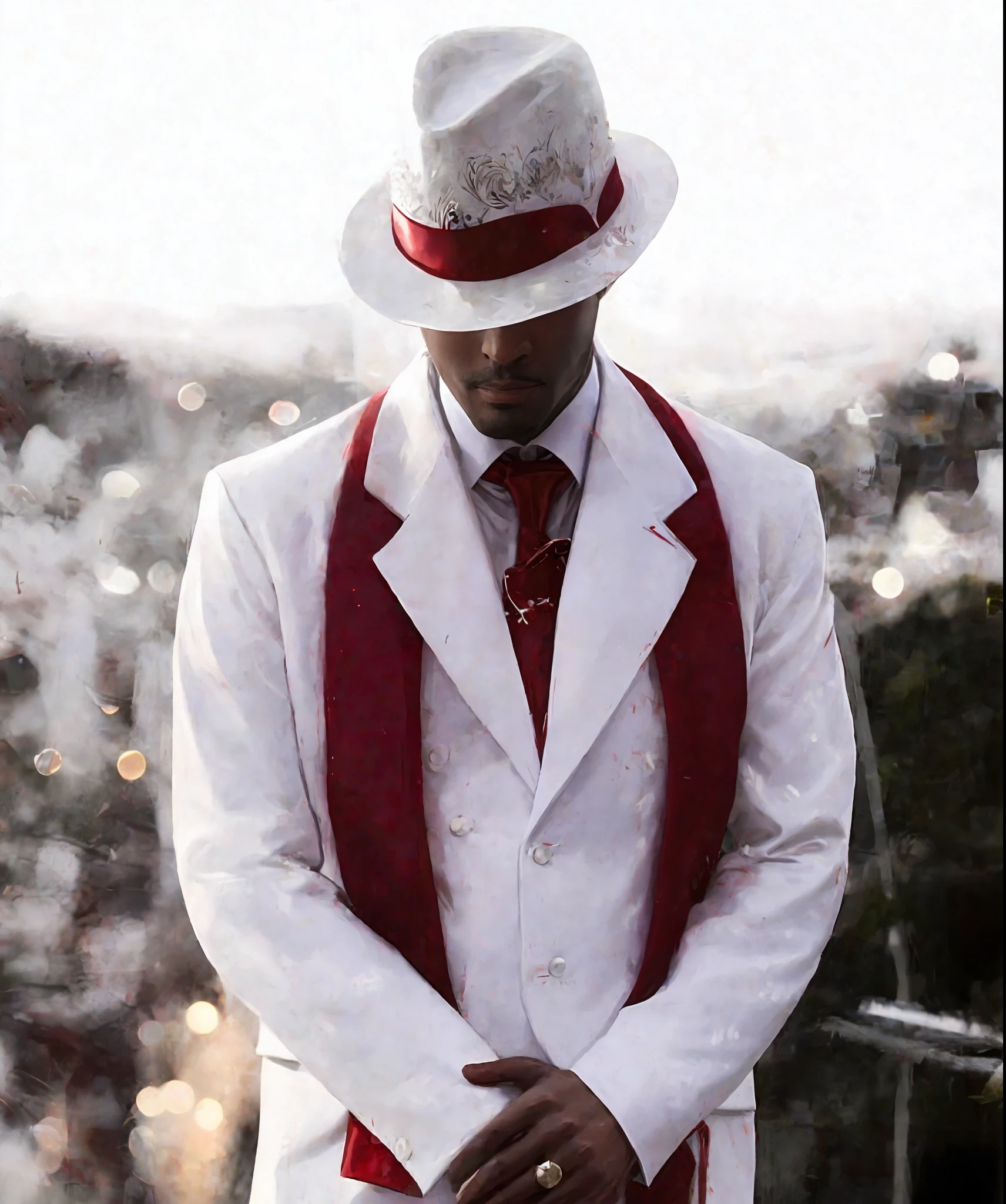 there is a man in a white suit and red tie, white suit and hat, suit vest and top hat and gloves, white red, white suit, a suited man in a hat, wearing white suit, white and blood color scheme, white and red color scheme, white ascot, red and white, wearing futuristic white suit, red suit, professional unique master piece