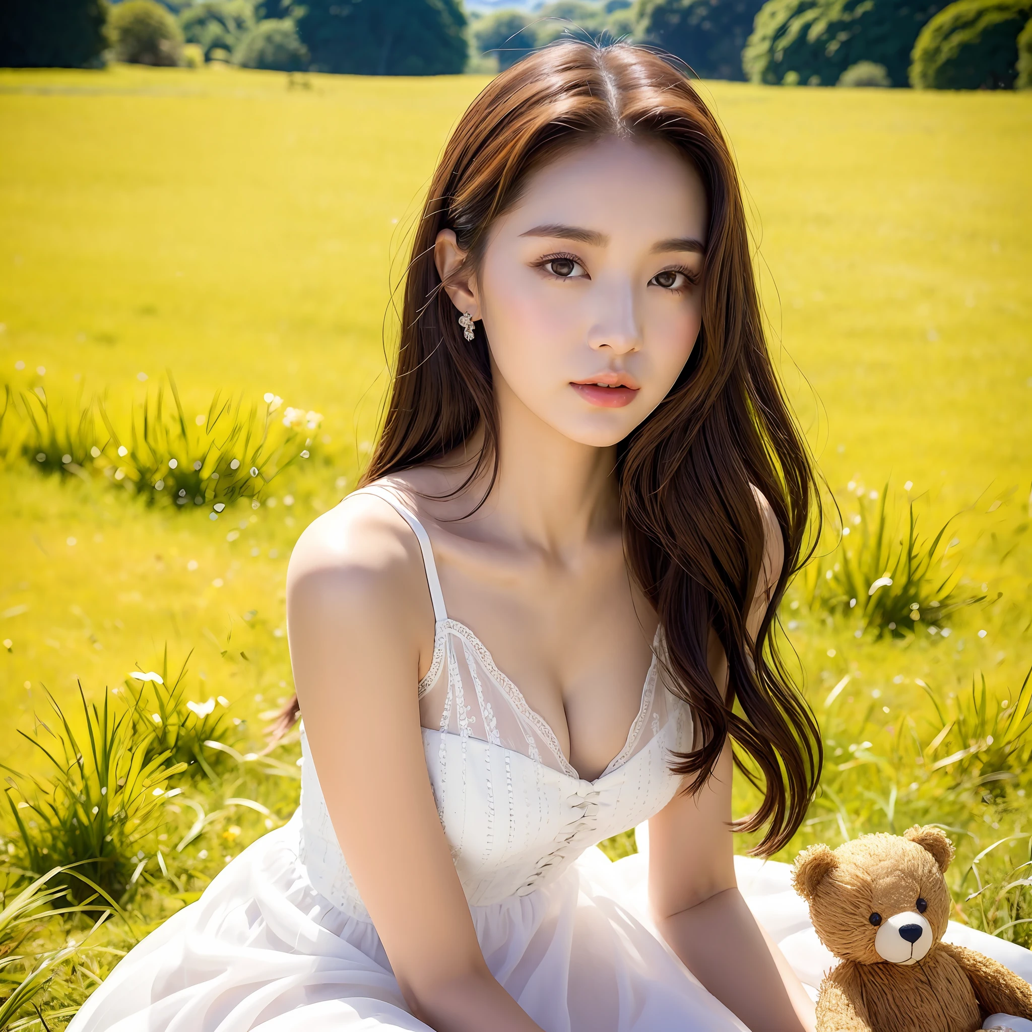 araffe woman in a white dress sitting in a field with a teddy bear, gorgeous chinese model, a cute young woman, young and cute girl, beautiful girl model, gorgeous young korean woman, beautiful south korean woman, cute young woman, hot with shining sun, beautiful model girl, xintong chen, beautiful young korean woman, chinese girl, a beautiful young woman