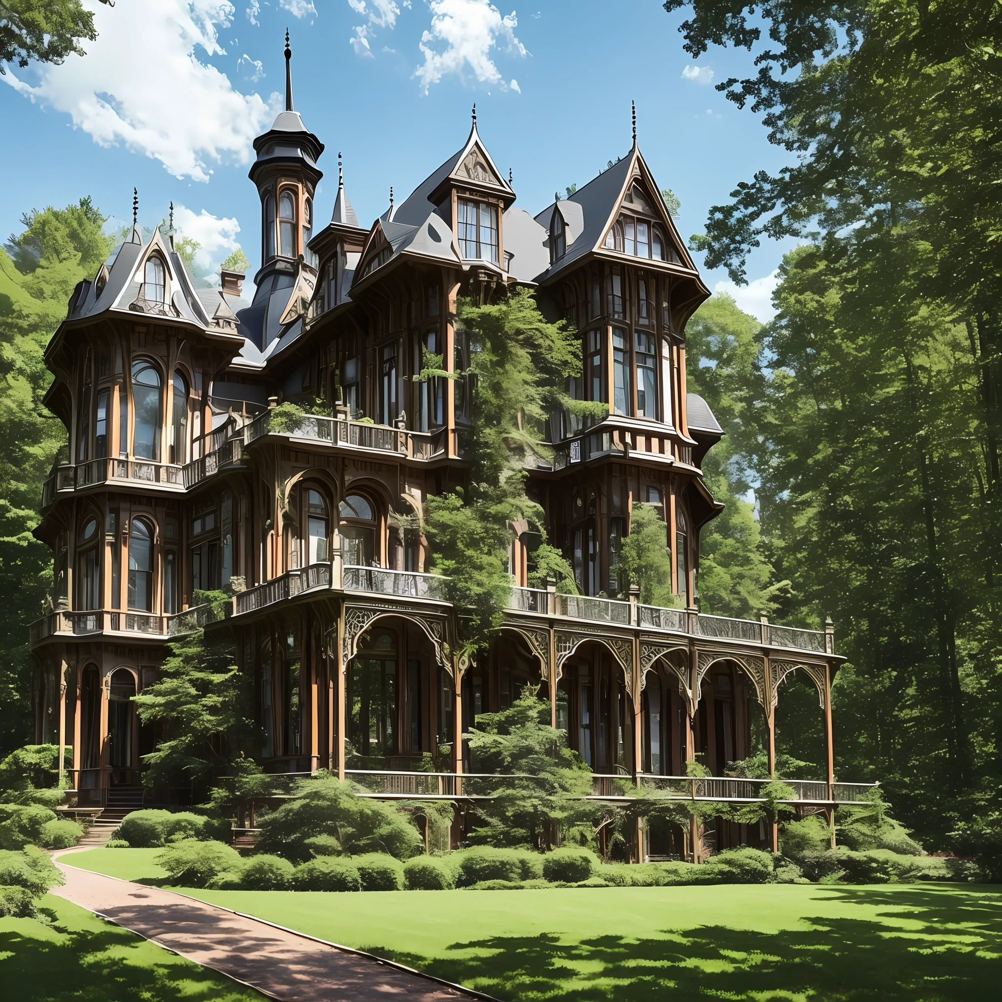 giant Victorian Gothic mansion in a forest clearing with giant trees much larger than the mansion itself --auto --s2