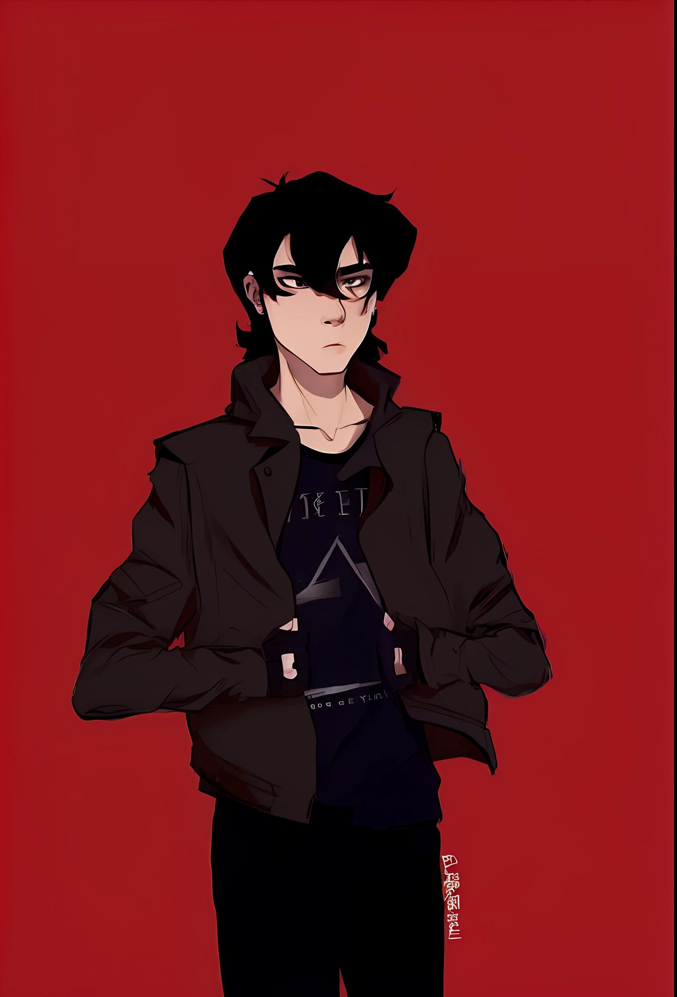 Asian boy wearing black jacket, black hair with mullet, white skin, cool, young delinquent, modern clothes