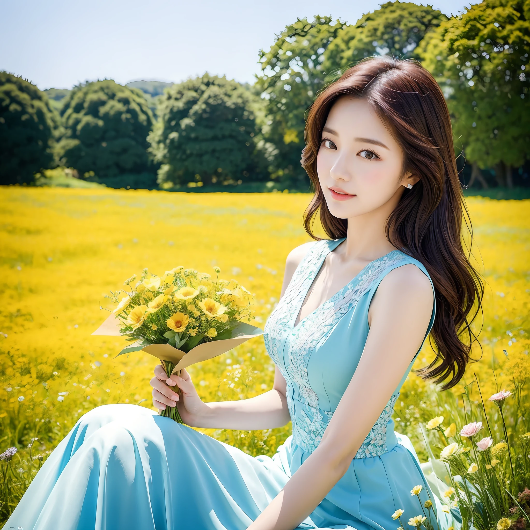 arafed woman sitting in a field holding a bouquet of flowers, beautiful south korean woman, with flowers, beautiful young korean woman, gorgeous young korean woman, lovely woman, hwang se - on, cute korean actress, jaeyeon nam, sitting with flowers, cute elegant pose, hot with shining sun, korean girl, high quality portrait photoshoot, a cute young woman