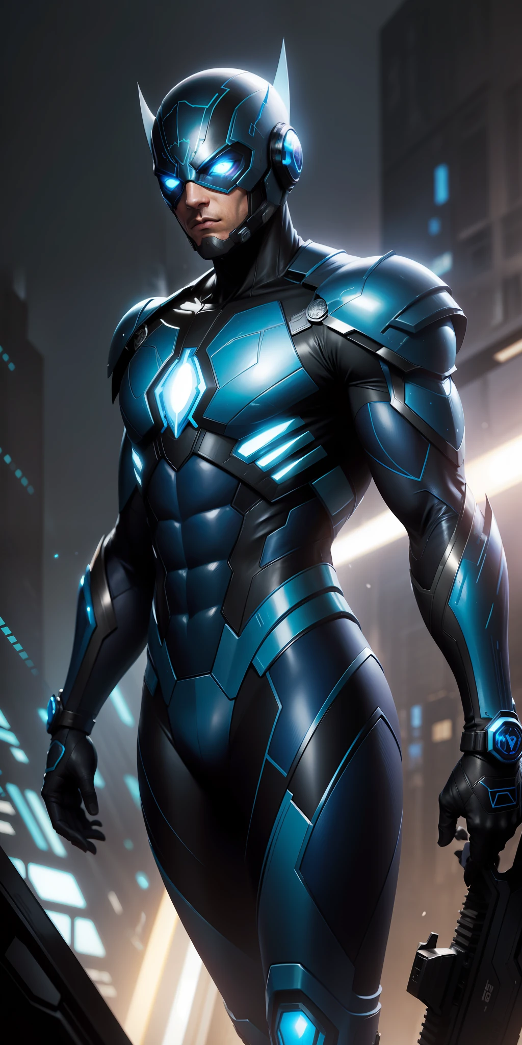 The best possible quality in 8k resolution with an ultra detailed blue beetle image, in a futuristic white and purple suit, weapons, cyberpunk style, with a metallic spider web background. The focus is on the detailed textures and light and shadow effects on the suit. It adds a touch of Cyberpunk style, DC comics style in the composition. Metaphor with metallic spider web in the background, will add a stunning effect to the final image, fantastic work