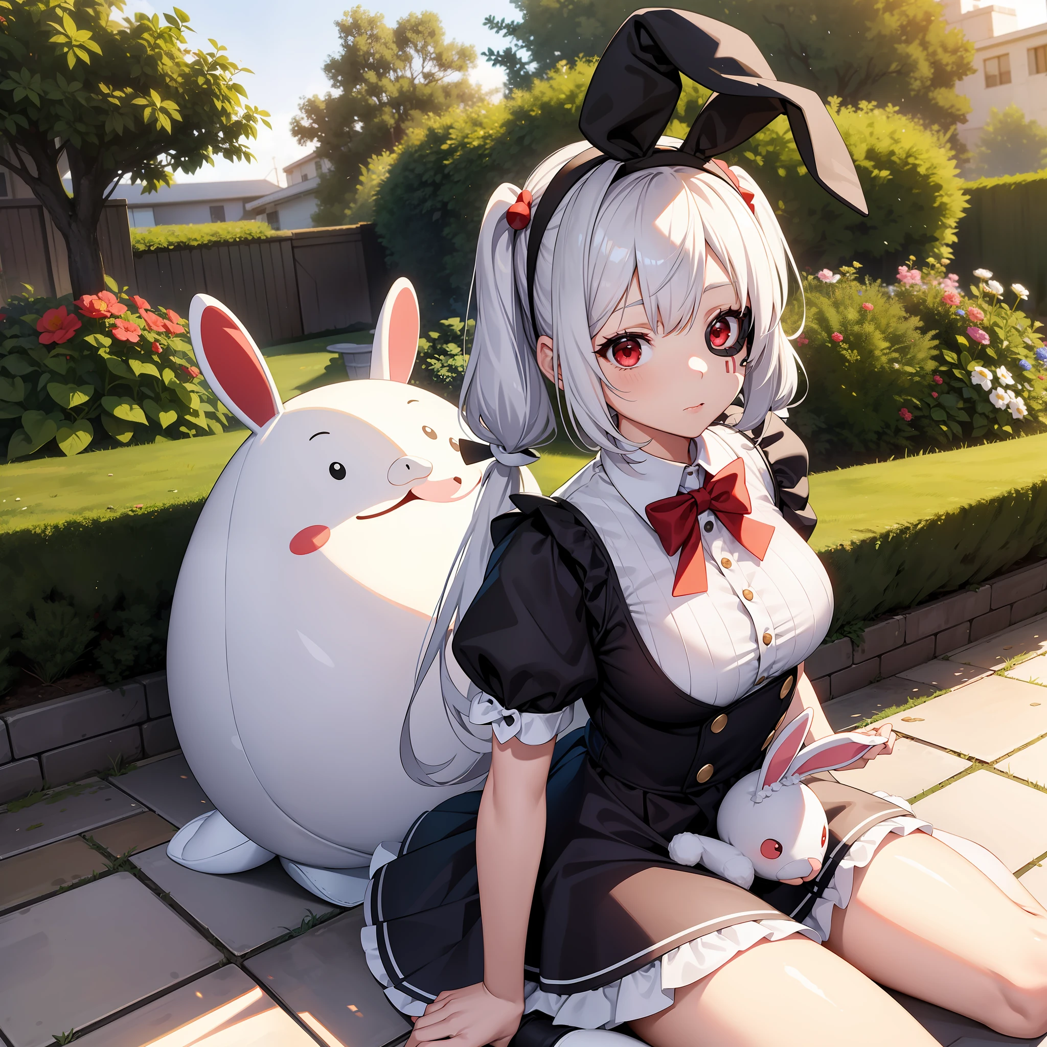 girl, wearing one white eyepatch, holding a stuffed bunny, short white hair in two pigtails With a beanie , with bunny ear accessories, Wearing a short dress, red eyes, full body, zoom out, Sit in the garden