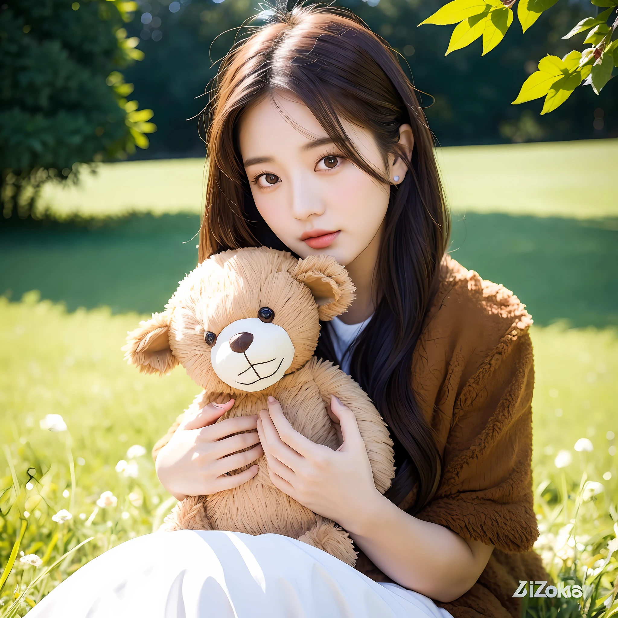 araffe woman sitting in a field holding a teddy bear, tzuyu from twice, cute korean actress, holding a teddy bear, bae suzy, with cute - fine - face, ulzzang, jaeyeon nam, beautiful south korean woman, young and cute girl, jisoo from blackpink, jisoo of blackpink, photo taken with canon 5d, beautiful young korean woman