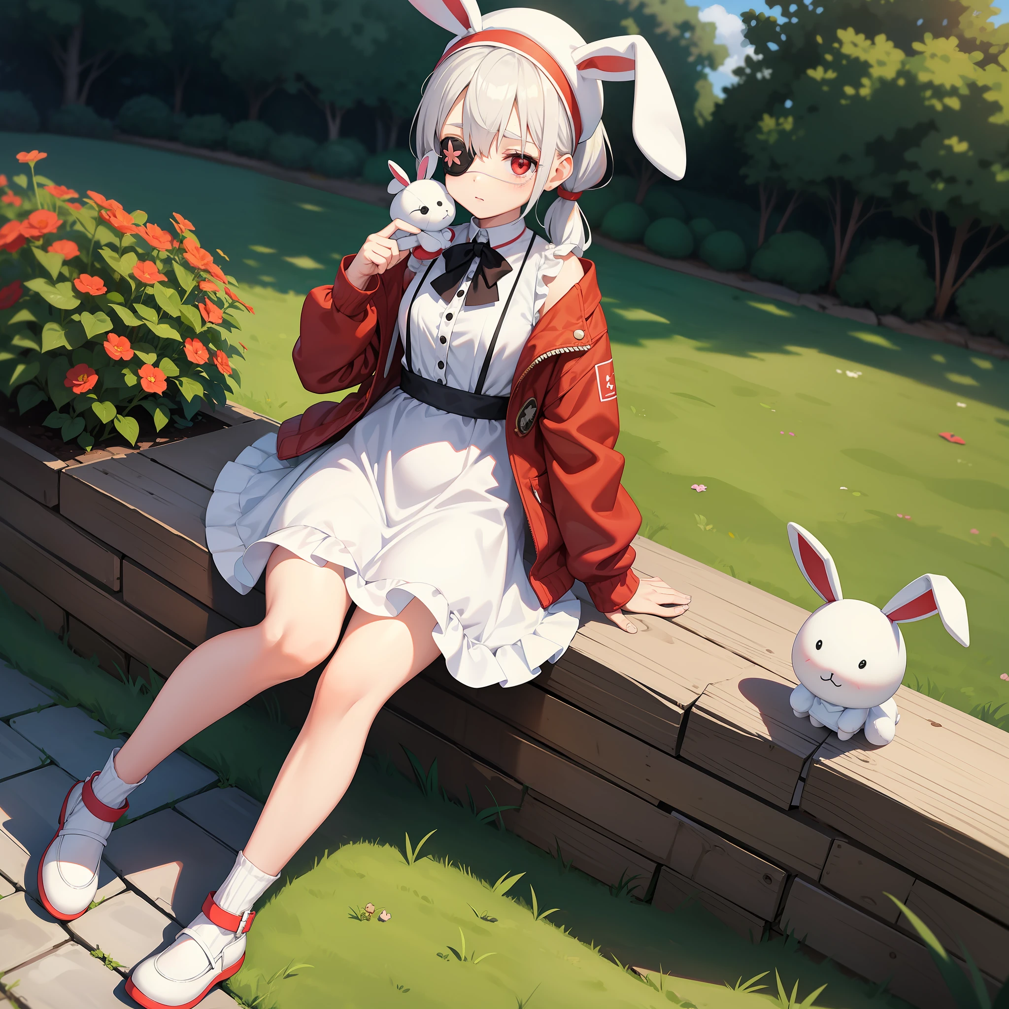 girl, wearing one white eyepatch, holding a stuffed bunny, short white hair in two pigtails With a beanie , with bunny ear accessories, Wearing a short dress, red eyes, full body, zoom out, Sit in the garden