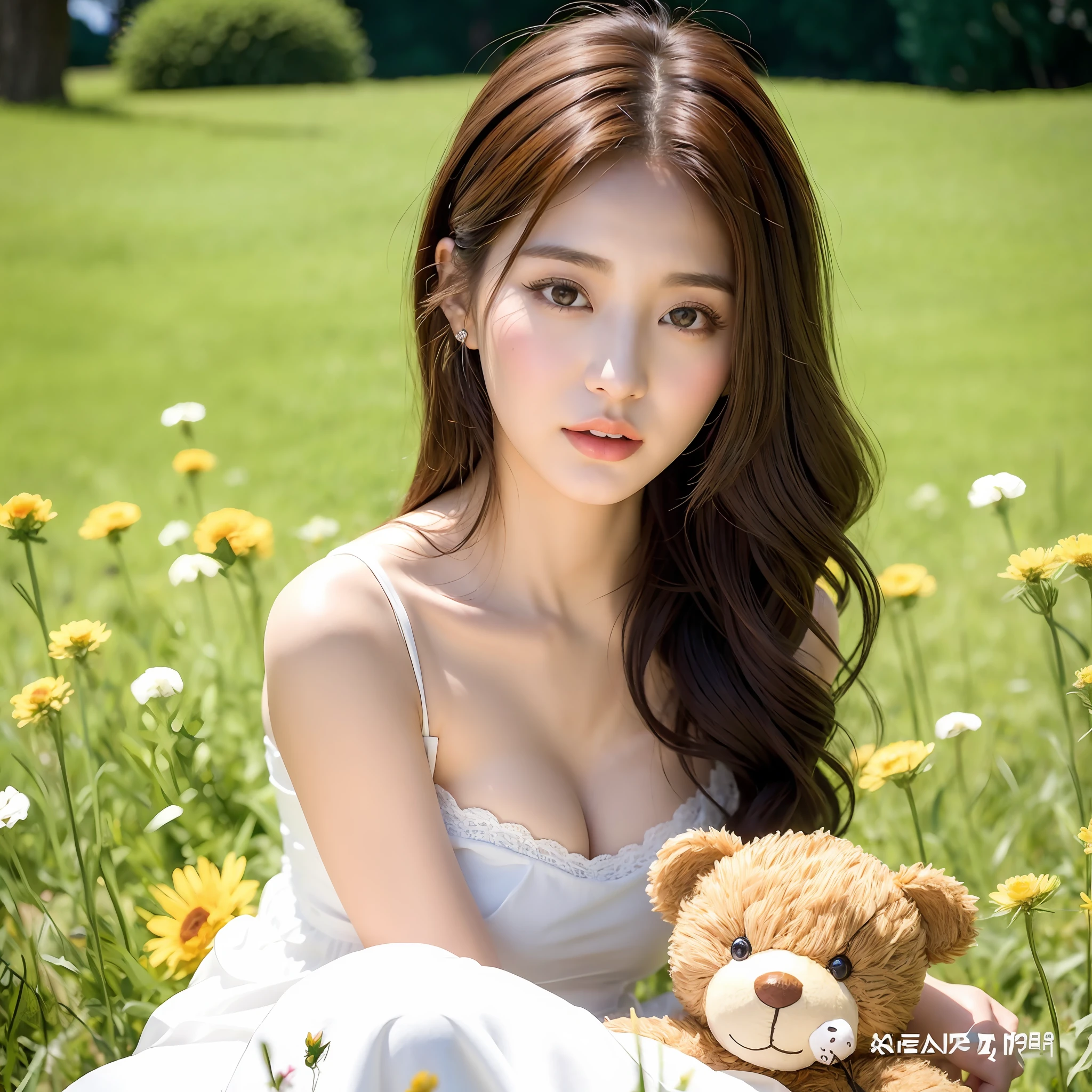 araffe woman in a white dress sitting in a field with a teddy bear, gorgeous chinese model, a cute young woman, young and cute girl, beautiful girl model, gorgeous young korean woman, beautiful south korean woman, cute young woman, hot with shining sun, beautiful model girl, xintong chen, beautiful young korean woman, chinese girl, a beautiful young woman