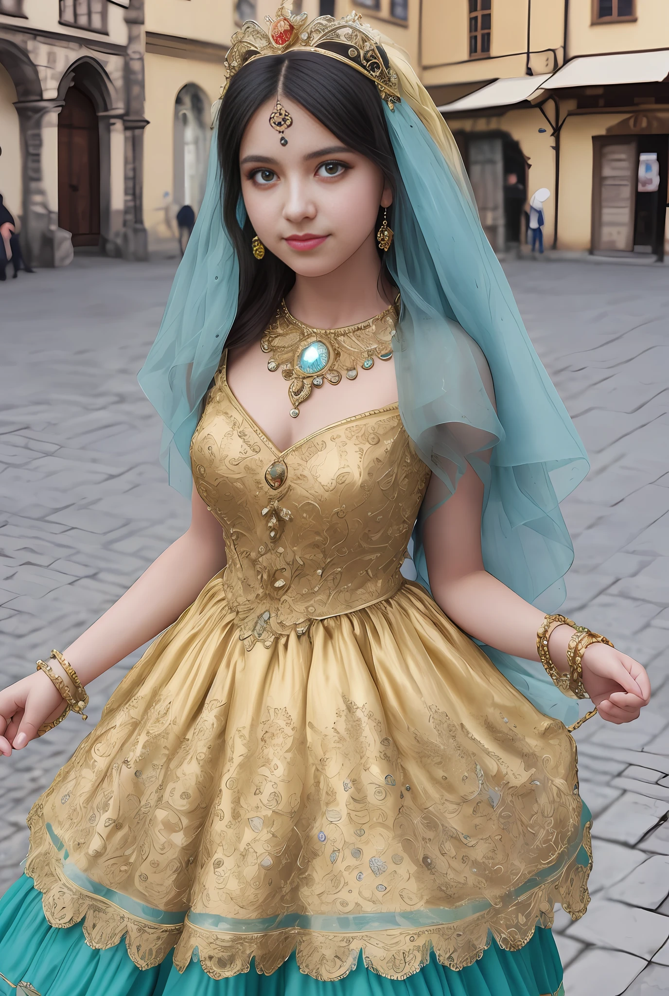 (masterpiece, best quality, realistic),
1girl,Prague Old Town Square background, gypsy dress,(princess eyes,shiny pupils),dancing, intricate,teal hue dress, gold, gypsy person, banquet, crowd, picking up skirt,pale skin,
[slight smile],