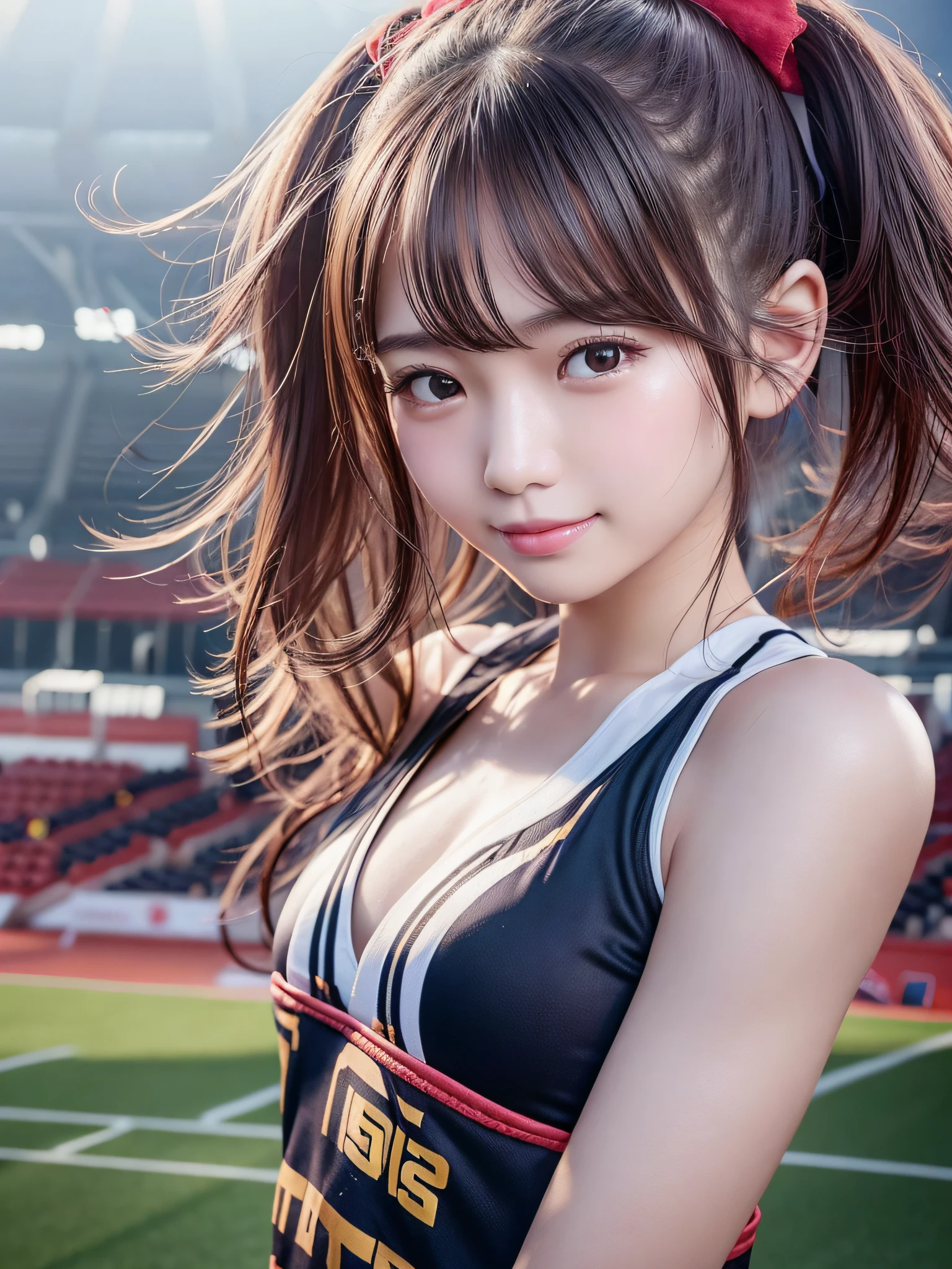 Ala Fed Asian cheerleader holding pom pom in stadium, closeup, closeup, cosplay photo, anime cosplay, small breasts, RAW photo, best quality, high resolution, (masterpiece), (photorealistic:1.4), professional photography, sharp focus, HDR, 8K resolution, intricate details, depth of field, highly detailed cg unity 8k wallpaper, Front Light, NSFW, Woman, Girl, Beautiful Supermodel, Smiling, Slender, (Sweating All Body:1.3), 2 Person