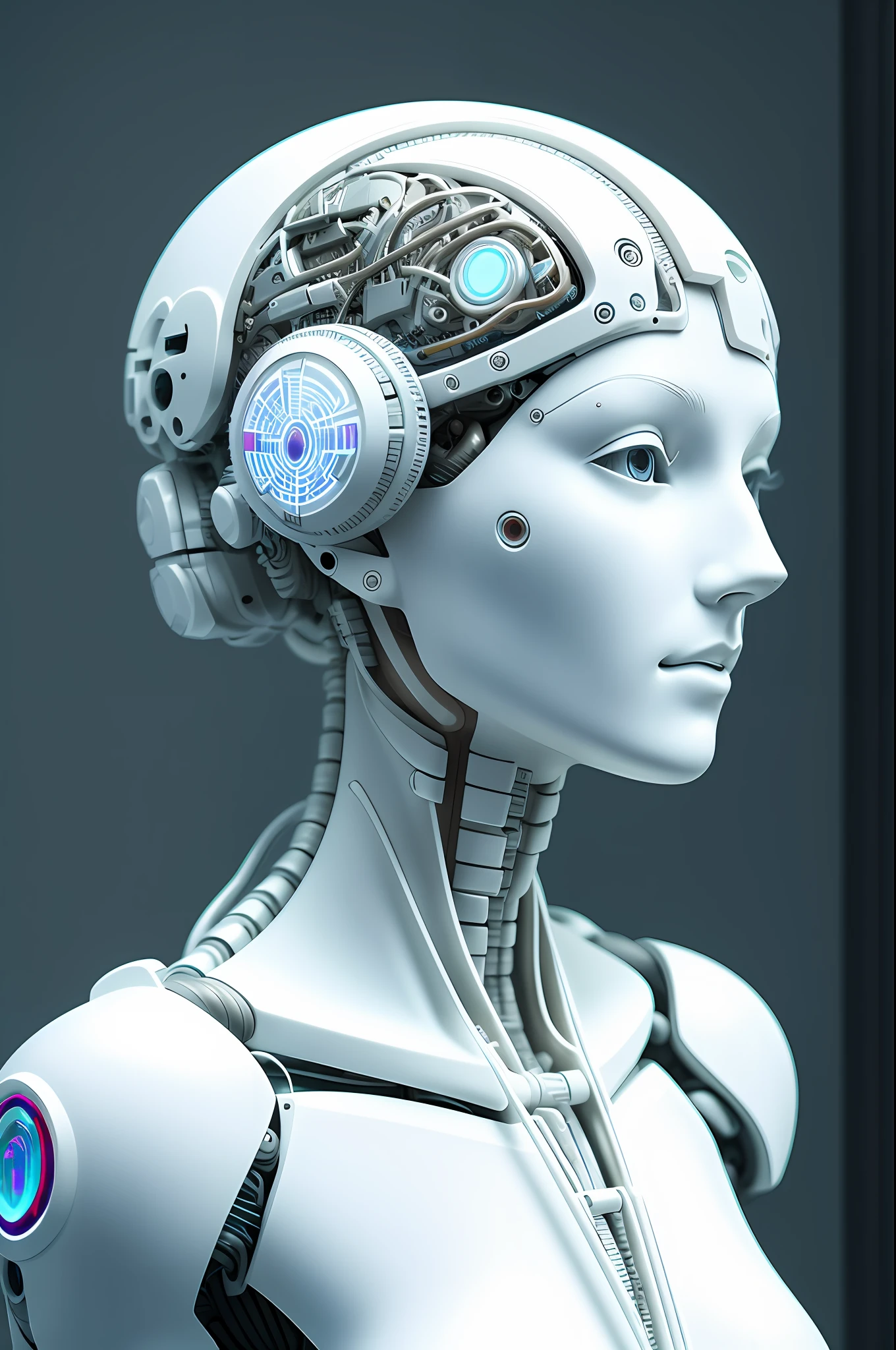 electronic system on head humanoid |cyborg woman| with a visible detailed brain| with a visible detailed heart| muscles cable wires| biopunk| cybernetic| cyberpunk| white marble bust| canon m50| 100mm| sharp focus| smooth| hyperrealism| highly detailed| intricate details| carved by michelangelo