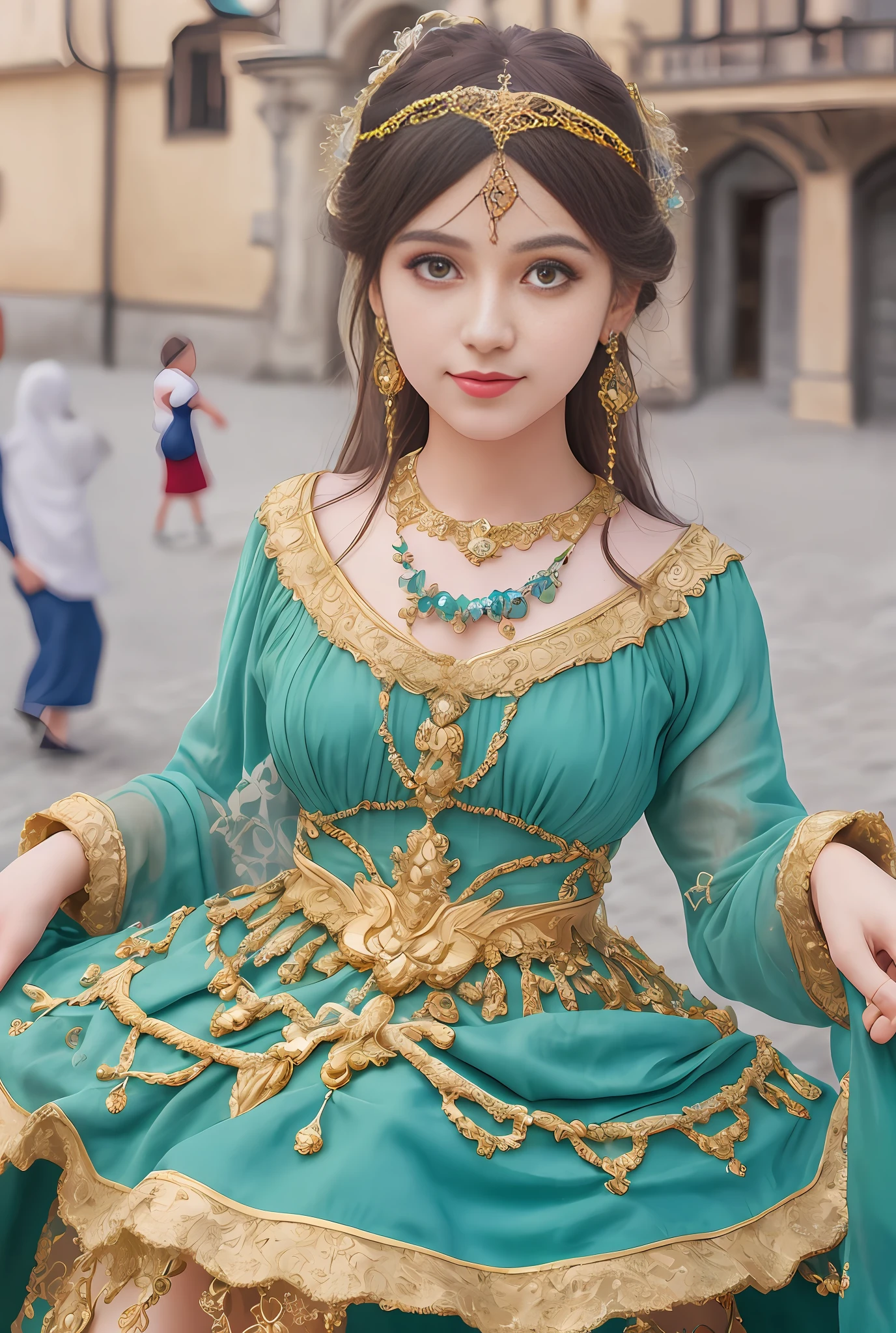 (masterpiece, best quality, realistic),
1girl,Prague Old Town Square background, gypsy dress,(princess eyes,shiny pupils),dancing, intricate,teal hue dress, gold, gypsy person, banquet, crowd, picking up skirt,pale skin,
[slight smile],