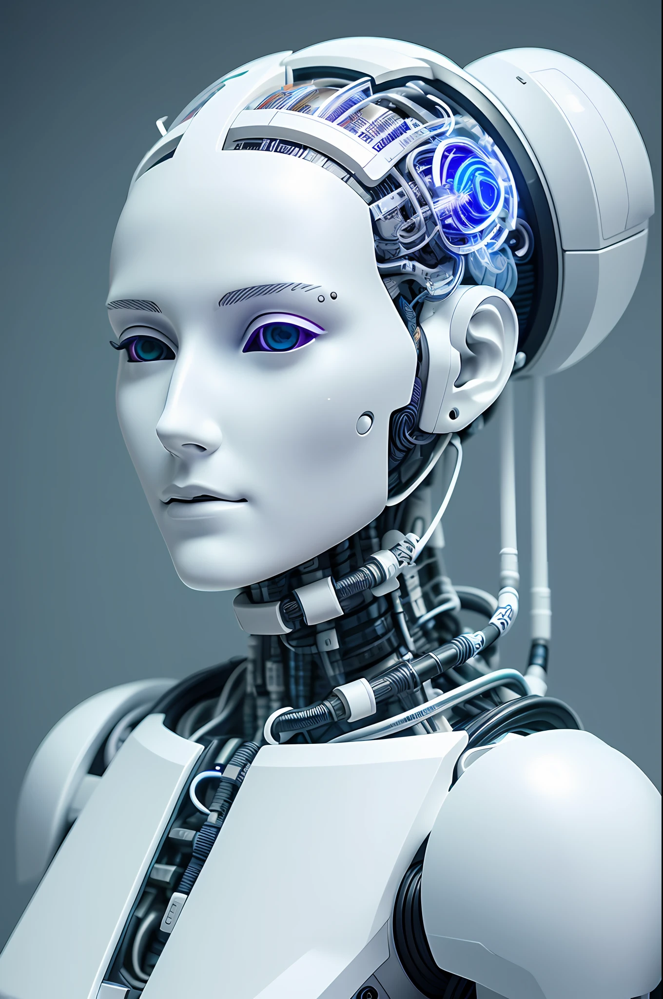 electronic system on head humanoid |cyborg woman| with a visible detailed brain| with a visible detailed heart| muscles cable wires| biopunk| cybernetic| cyberpunk| white marble bust| canon m50| 100mm| sharp focus| smooth| hyperrealism| highly detailed| intricate details| carved by michelangelo