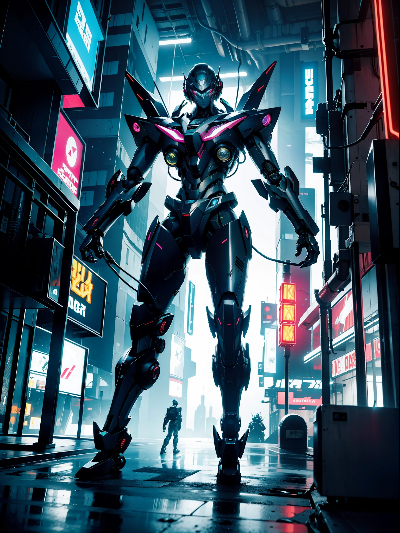 Mecha style. Cyberpunk. HD, complex mechanical transmission, neon city