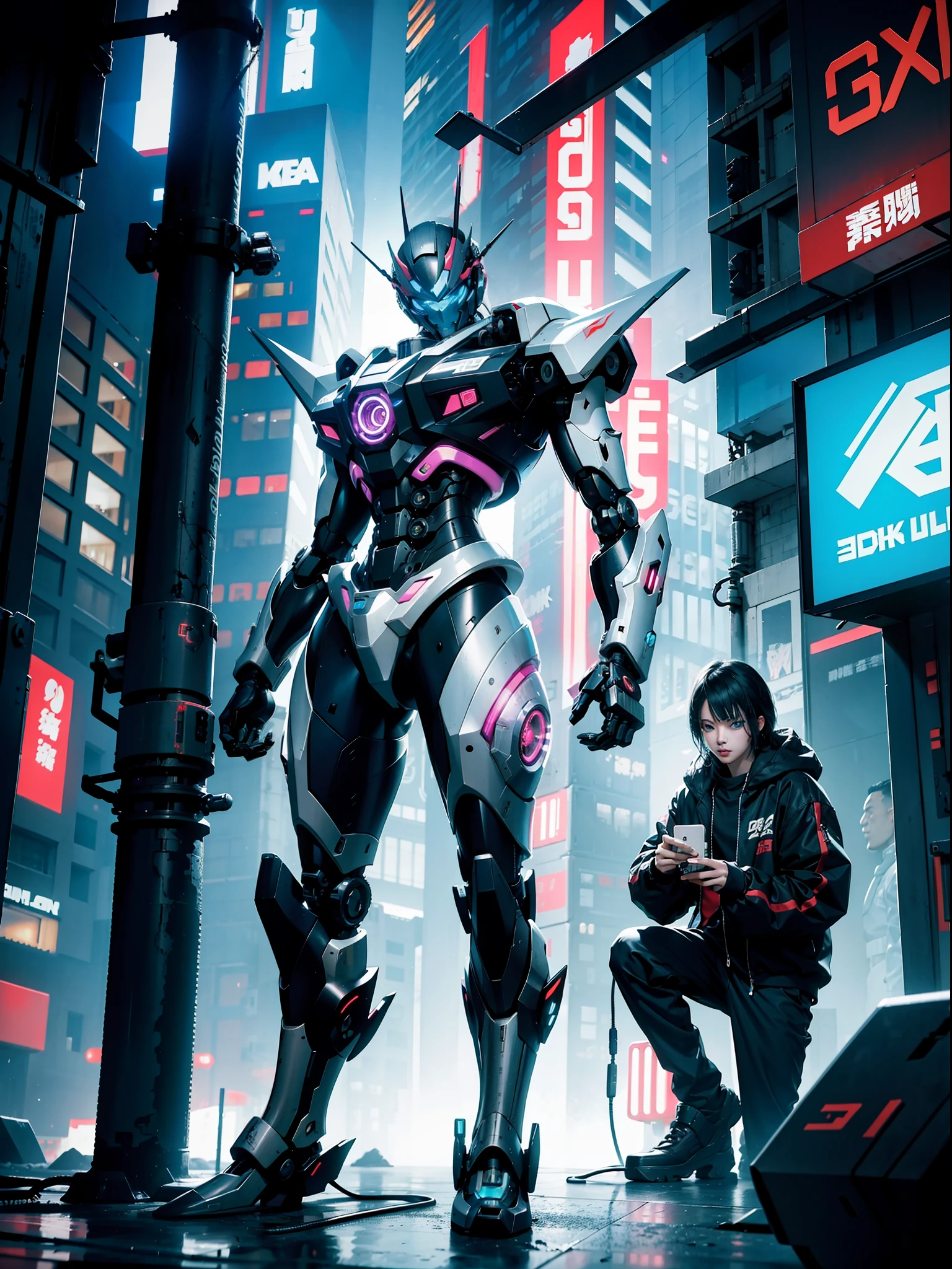 Mecha style. Cyberpunk. HD, complex mechanical transmission, neon city