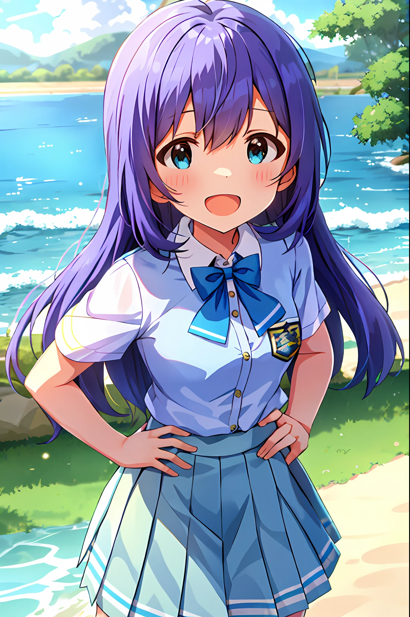 Anna Mochizuki (Million Live), Shiny Trinity \ (Costume), (Best Quality, 8K, Masterpiece, Super Detail: 1.2), Sea, Sun, Dappled Sunlight, Blue Sky, Beautiful Clouds, 1 Girl, Solo, Skirt, Open Mouth, V, View Viewer, White Sailor Color, Blue Shirt, Sailor Color, Blue Skirt, Pleated Skirt, Short Sleeve, :d, Shirt, School Uniform, Blush, Serafuk, Clavicle, BowPut your hands on your hips, stretch your chest, clench your fists.