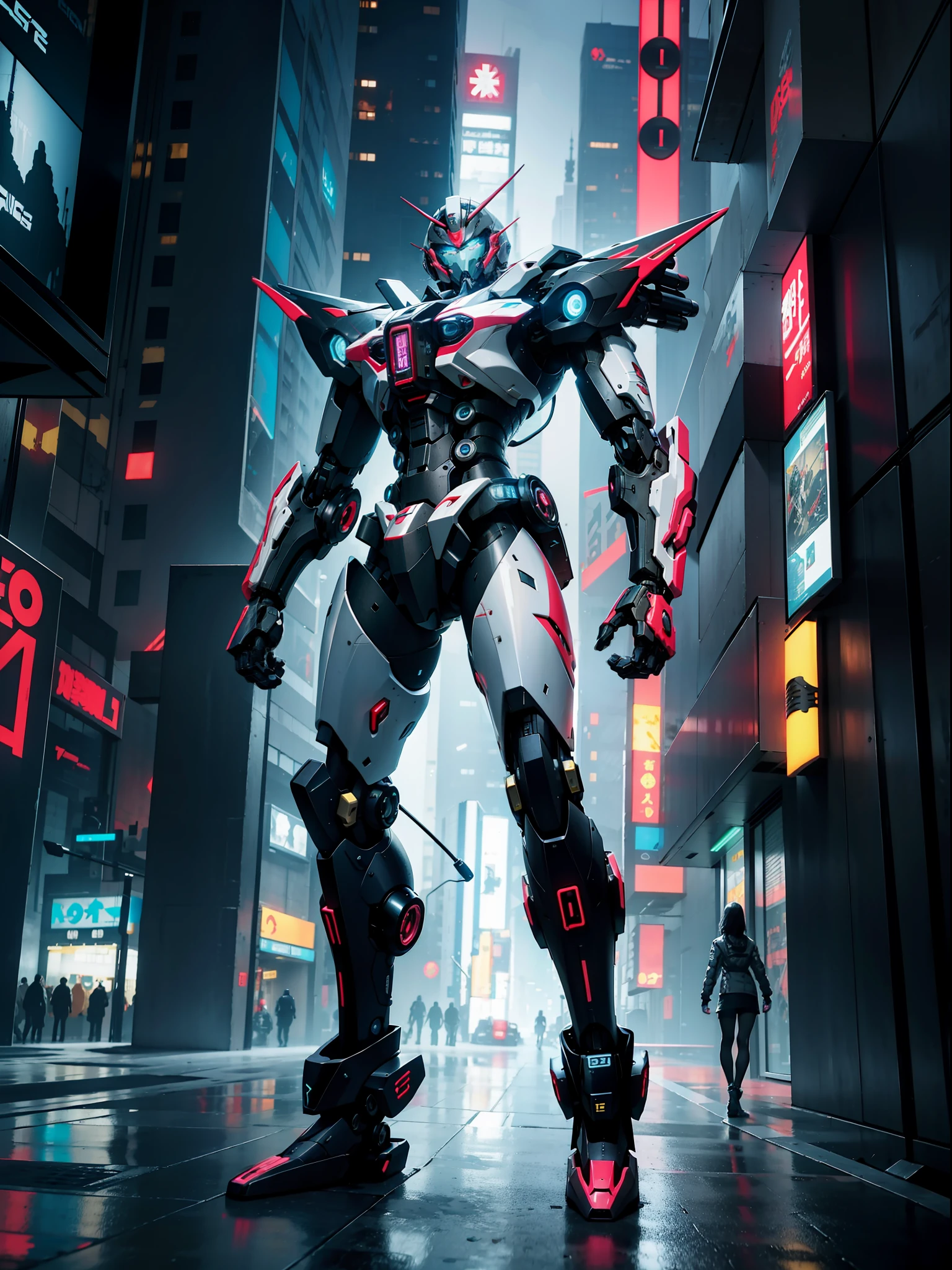 Mecha style. Cyberpunk. HD, complex mechanical transmission, neon city