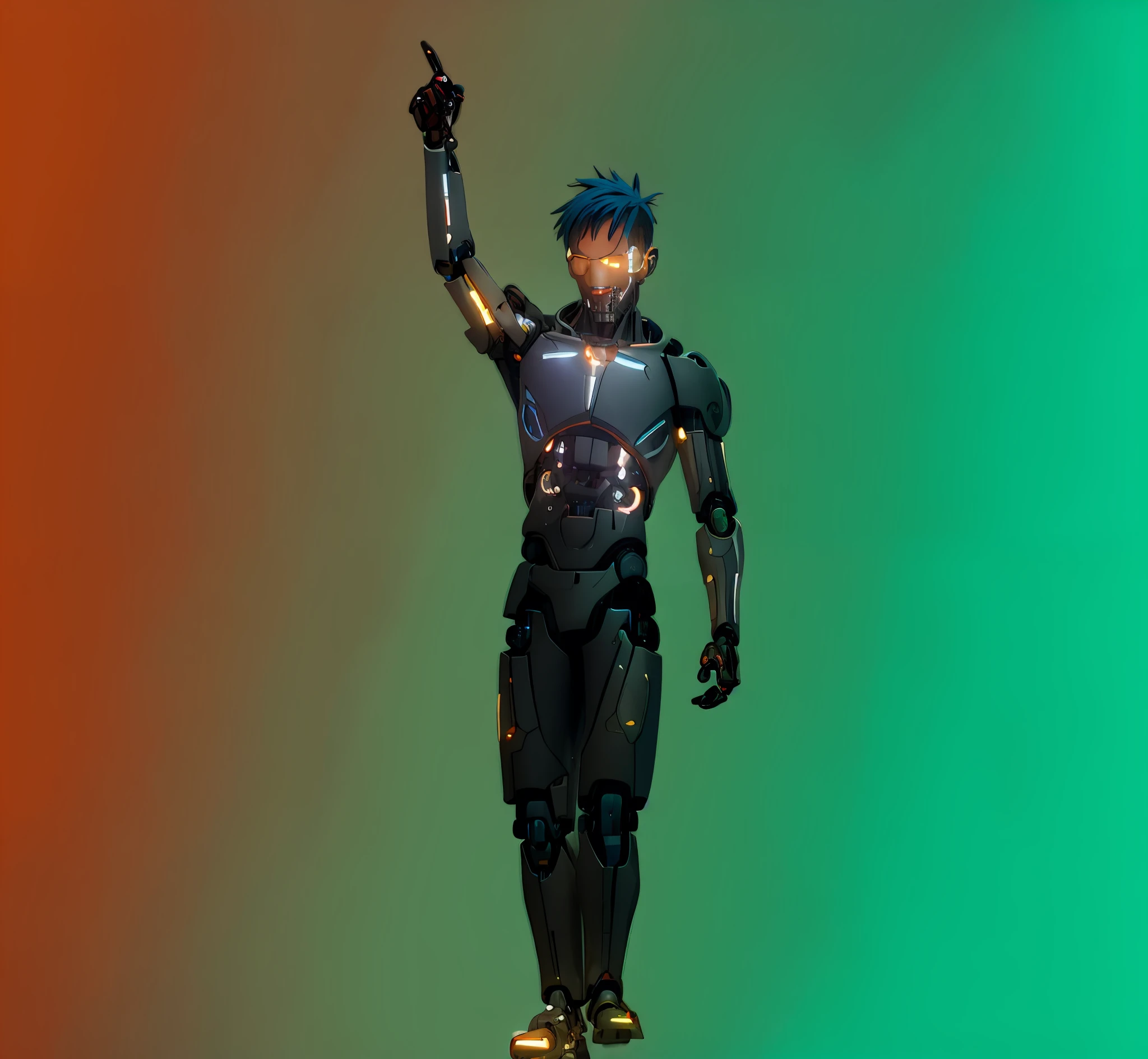 a close-up of a person pointing his finger at the sky, a teenage cyborg, anime cyborg, anime art style, dystopian sci-fi character, sci-fi character, robotic anime mixed with organic, single full-body character, full-body concept, male android, male anime character, teen cyberpunk, black hair, light blue led lights,  black pants, well-made eyes, well-made hands, correct anatomy, black eyes, Handsome, legs apart, sneakers, mischievous expression.