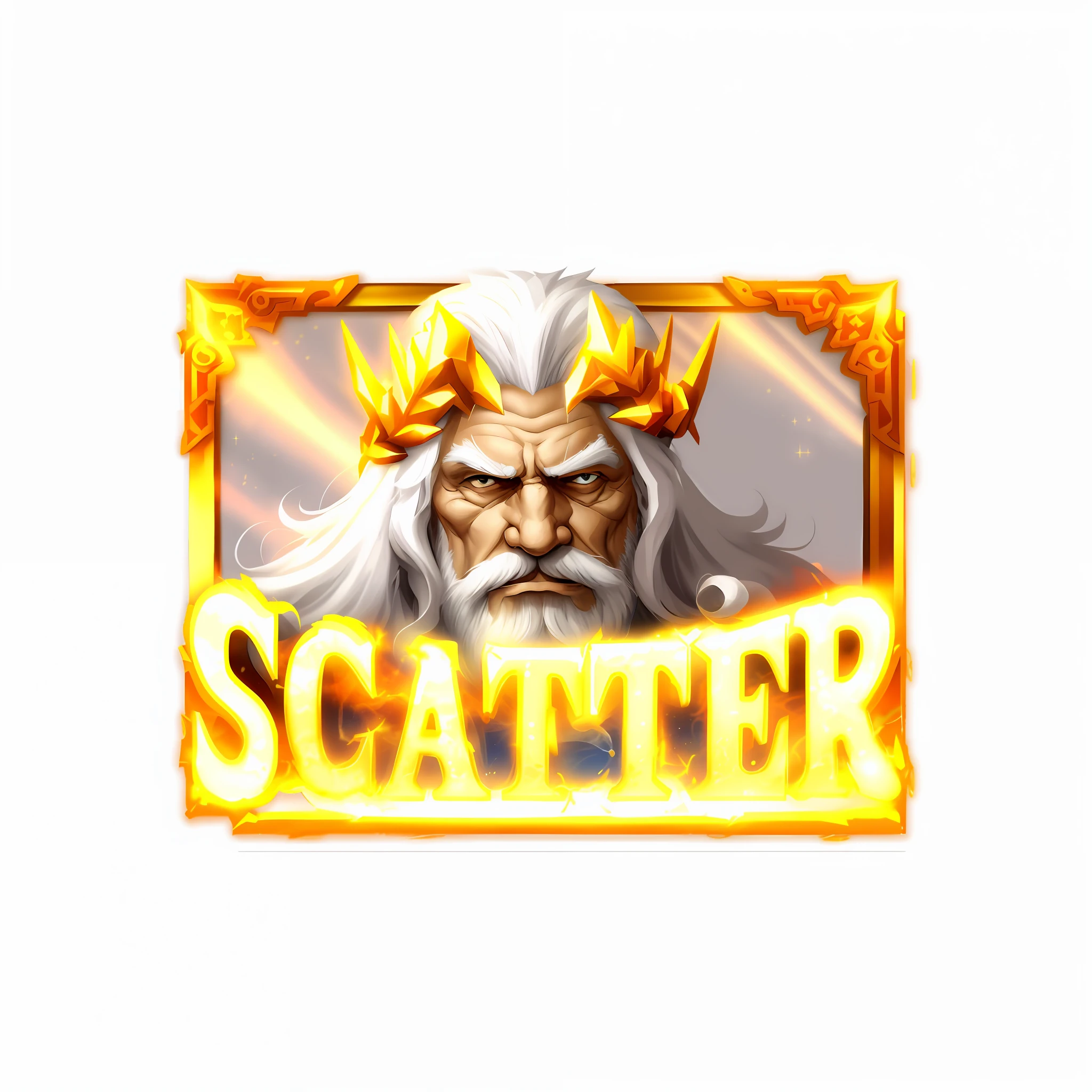 Slot machine logo, white-haired old man Zeus, golden border, in-game image, splash, avatar image sparkling