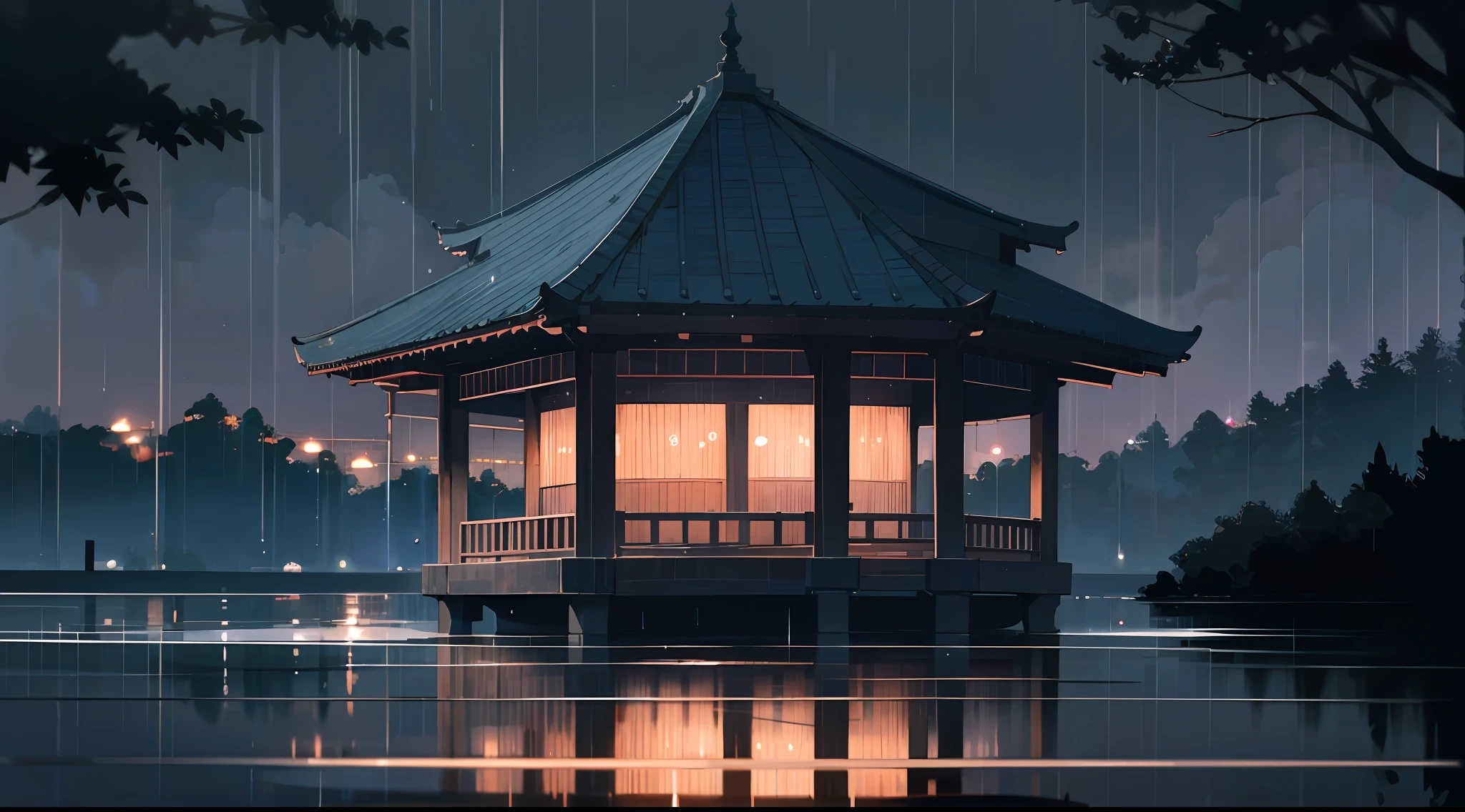 (Super beautiful wallpaper), subtle raindrops, captivating perspective, floating picture, dark night, beautiful lighting effects, lake water, pavilion, extremely detailed image quality.