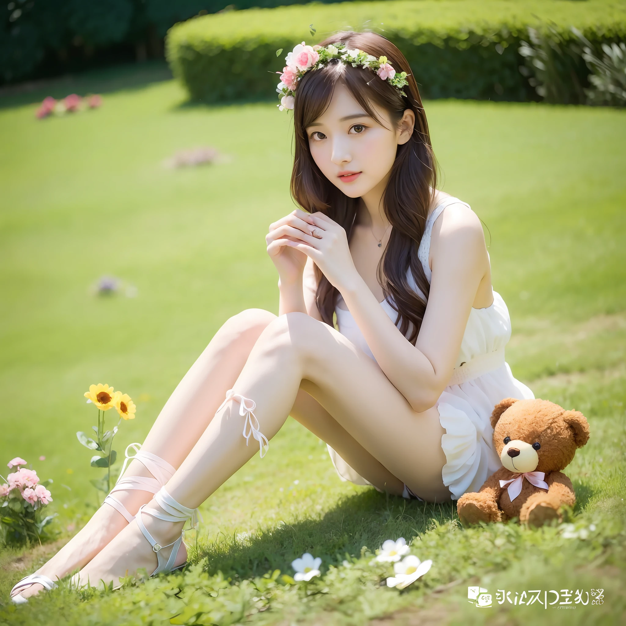 araffe sitting on the grass with a teddy bear and flowers, beautiful girl model, young and cute girl, cute elegant pose, beautiful model girl, cute young girl, beautiful young girl, cute and lovely, young pretty gravure idol, very beautiful girl, cute beautiful, hot with shining sun, a cute young woman, very beautiful cute catgirl