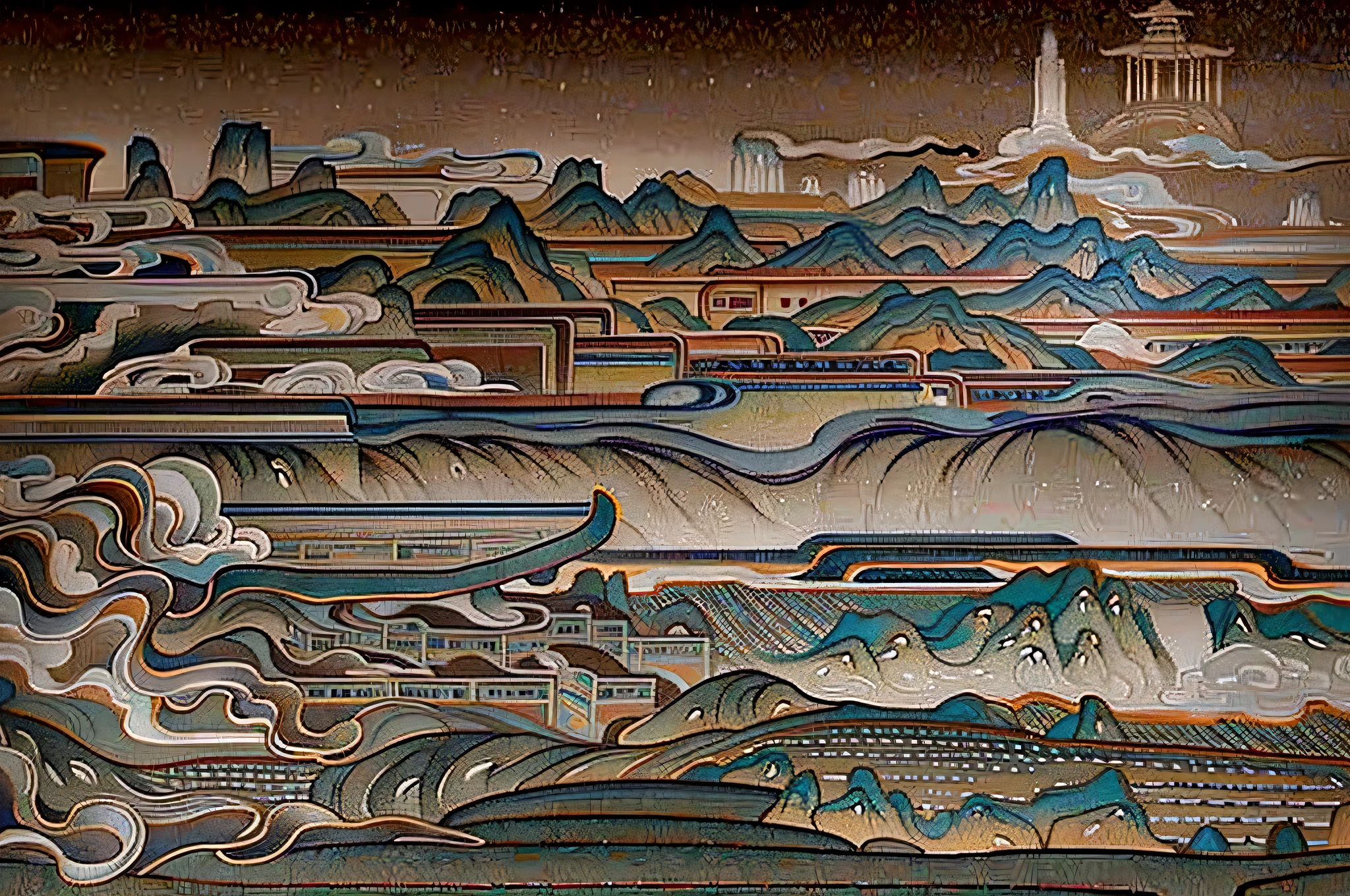 An ancient Chinese painting, ancient Chinese background, mountains, rivers, auspicious clouds, pavilions, sunshine, masterpieces, super detail, epic composition, ultra HD, high quality, extremely detailed, official art, unified 8k wallpaper, Super detail, 32k -- v 6