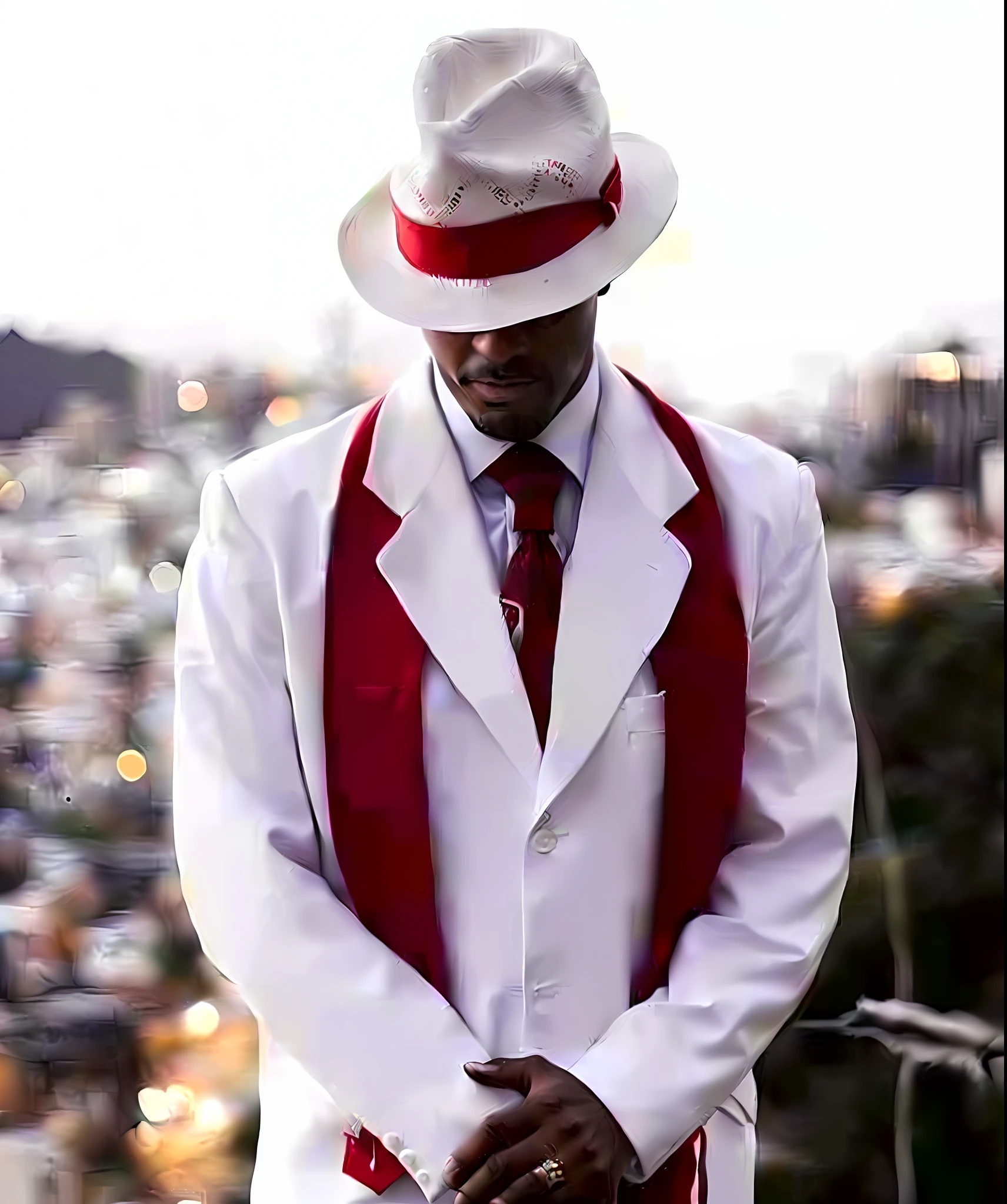 there is a man in a white suit and red tie, white suit and hat, suit vest and top hat and gloves, white red, white suit, a suited man in a hat, wearing white suit, white and blood color scheme, white and red color scheme, white ascot, red and white, wearing futuristic white suit, red suit, professional unique master piece