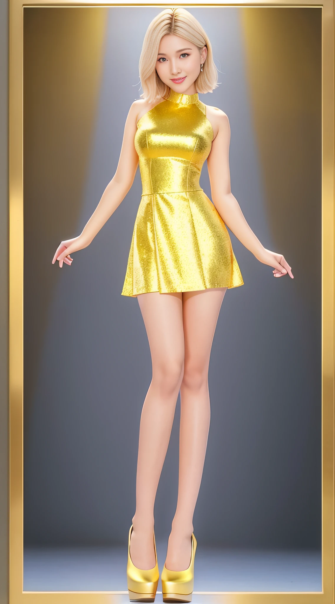 8k, masterpiece, absurd, HDR, highly detailed eyes and face, smile, beautiful nod_woman, short blonde hair, short skirt, mesh t-shirt, prominent through t-shirt, perfect nod_body, perfect nod_face, (same character, front), (full body: 1.6), arms outstretched down, best quality, super high resolution, (reality: 1.4), 1 woman, looking at the audience, golden proportions, broad shoulders, thin waist, double eyelids, high heels, (standing with legs apart: 1.3), Face Viewer, Full Body Photo (FLS), Single, Vanishing Point