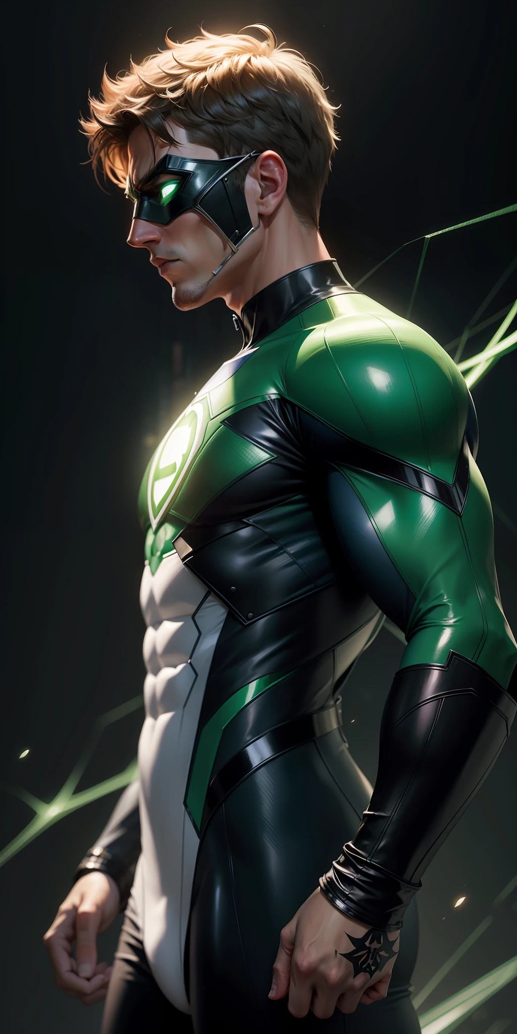 The best possible quality in 8k resolution with an ultra detailed green lantern image in a futuristic white and purple suit fused with the Captain America suit, mask, mask, with a metallic spider web background. The focus is on the detailed textures and light and shadow effects on the suit. Add a touch of Cyberpunk style to the composition. Metaphor with metallic spider web in the background, will add a stunning effect to the final image