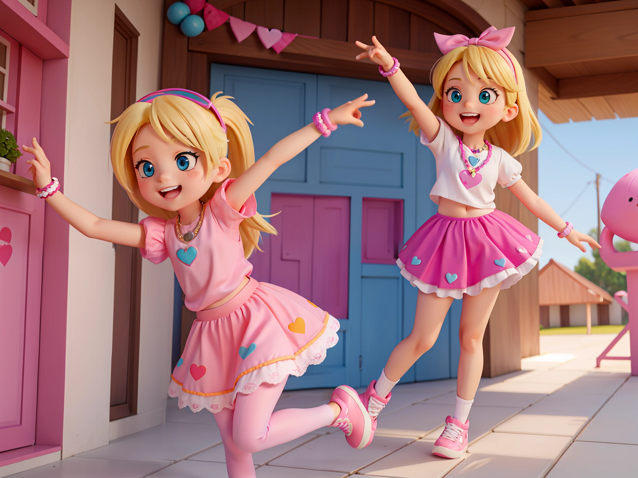 beautiful Winry Rockbell at 6 year old with blond hair dancing hip hop, rap style,happy, outfit with a pink bow in her hair. Her face is sweet and expressive, with bright eyes and a radiant smile.

She is wearing a short-sleeved blouse in pastel tones, with flower prints. She pairs the top with a short, puffy skirt in a vibrant color, like pink. The skirt has lace details and purple leggings with white hearts.
she is wearing comfortable sneakers in a bright color and colored laces.
She wears a bright and colorful bracelet on her wrist, as well as a necklace with a heart-shaped pendant and a playful little backpack with unicorn prints.