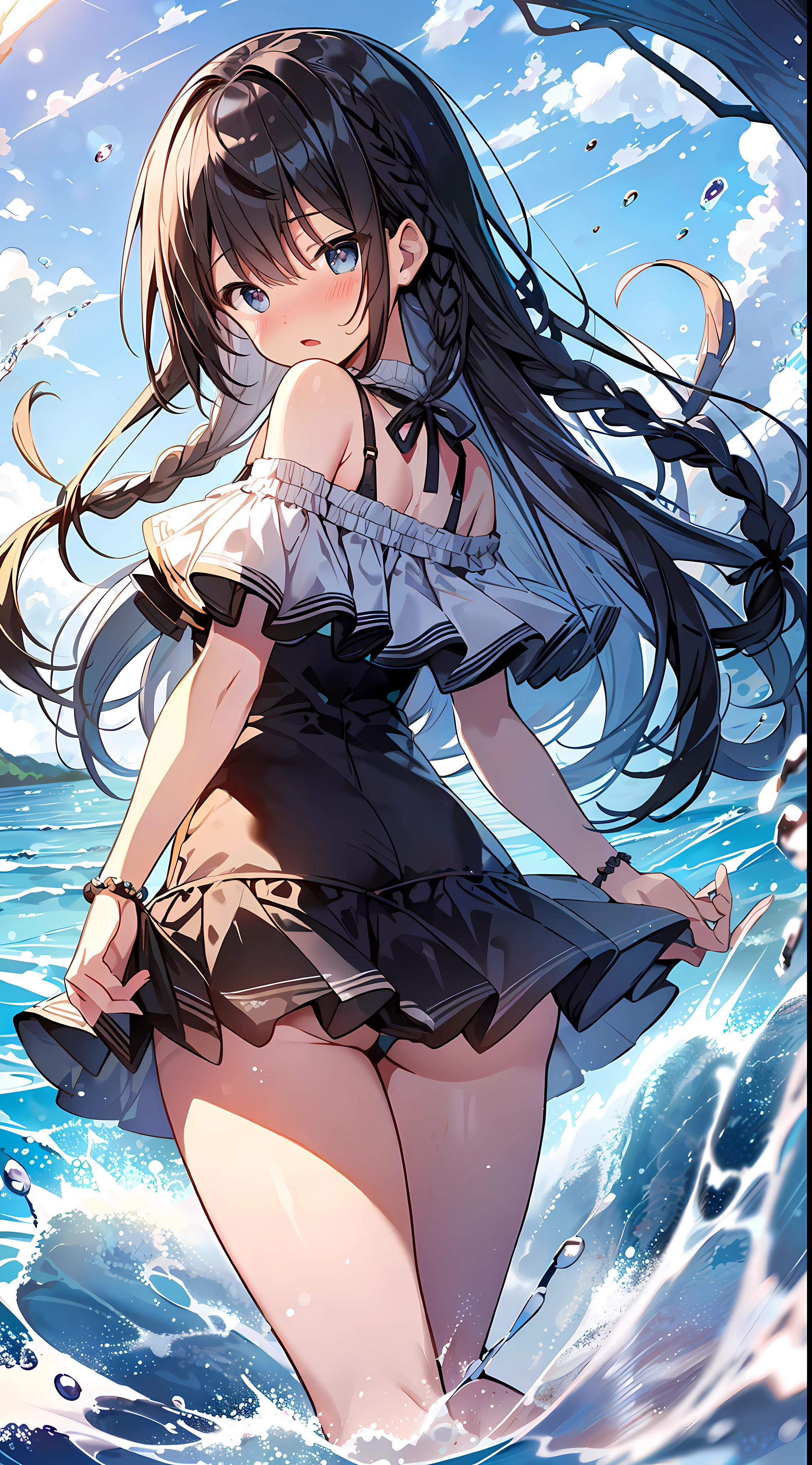 (Absolutely resolution: 1.5), Top Quality, Masterpiece, Ultra High Resolution, 8k, Summer, (Swimsuit), Shojo Manga Style, , Soft Line Art, Digital Enhancement, Shojo Manga Touch, Shojo Manga Core, (Hair length to shoulder)))), ((Short braid))), Soft drawing, Fluffy, Soft, beautiful black hair, clear eyes, ((flustered gesture, ultimate surprised expression)), ultra-detailed digital anime art, clear face depiction, ultra-detailed shojo manga character art, clear facial features, manga style, top quality color, delicate, staring at me facing forward, hand gestures, full body visible angle, Foot-deep angle, ocean, entangle, beautiful and aesthetic: 1.5, High quality: 1.3