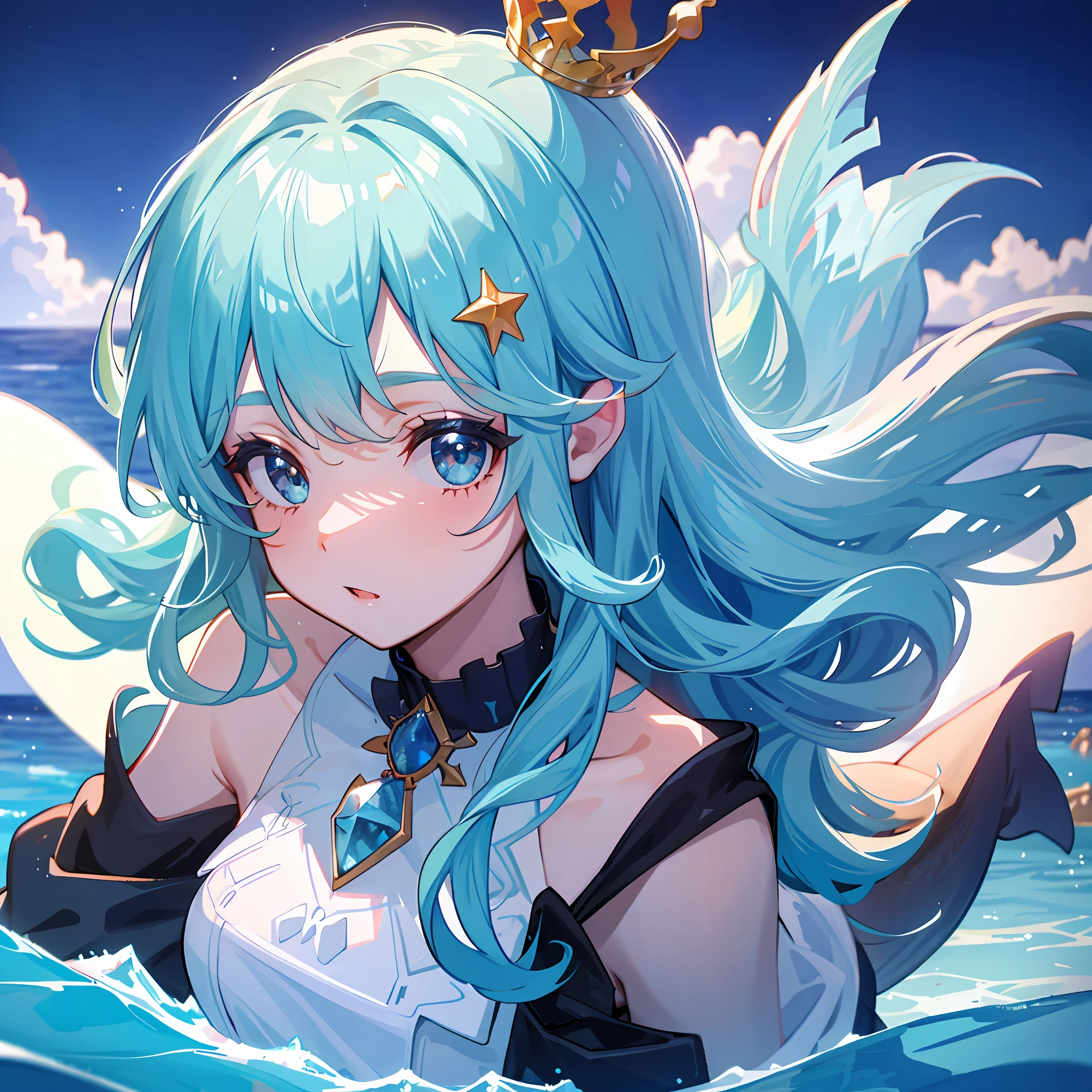 1 girl wearing crystal crown, whale, tail, ocean, mugshot, closeup