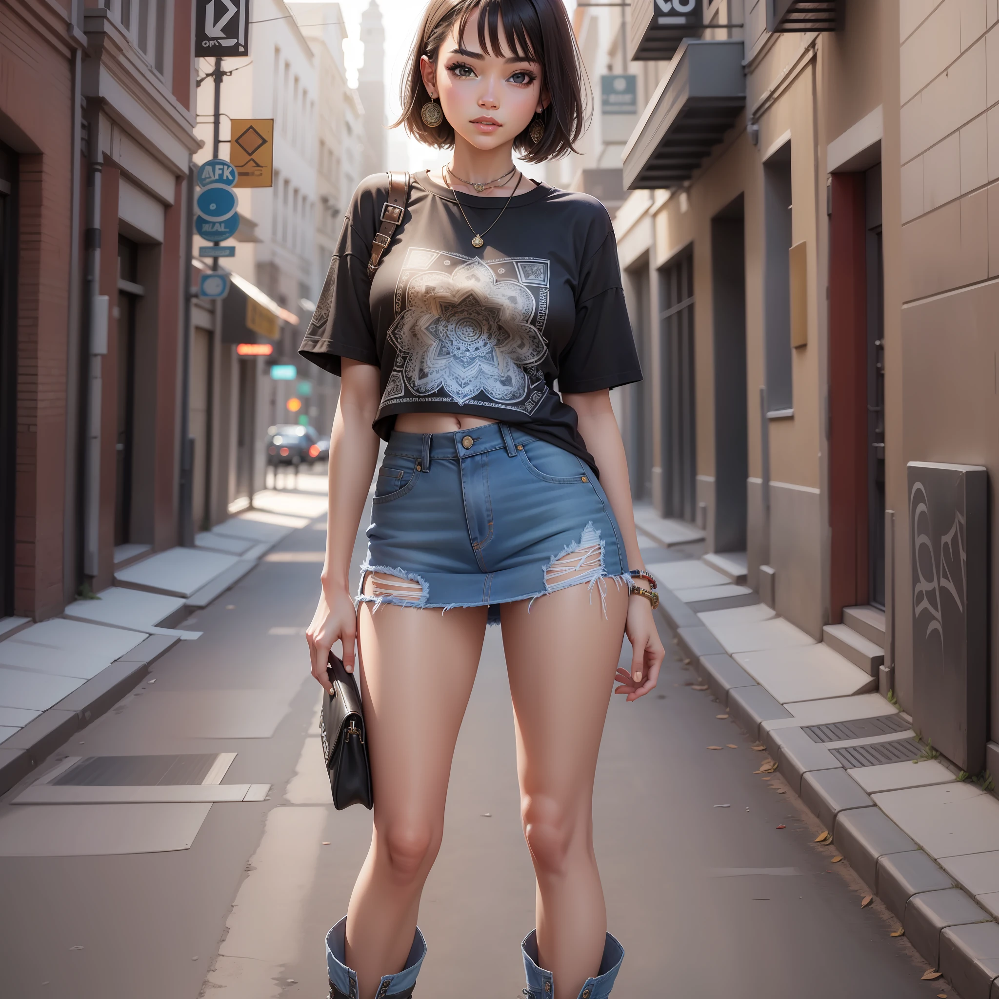 young beautiful girl, ultra detailed, official art, unity 8k wallpaper, (fashion magazine cover:1.3), 
BREAK
denim mini skirt, graphic tee, combat boots
, mandala