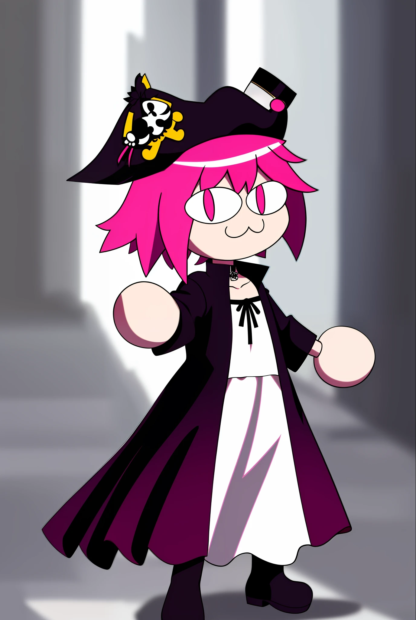 neco arc, middle finger, full body, 1girl, :3, cat ears, full body, chibi, cat girl, cat tail, solo, slit pupils, pirate hat, undercut, magenta eyes, tailcoat and skirt, 2d, cartoon, anime coloring