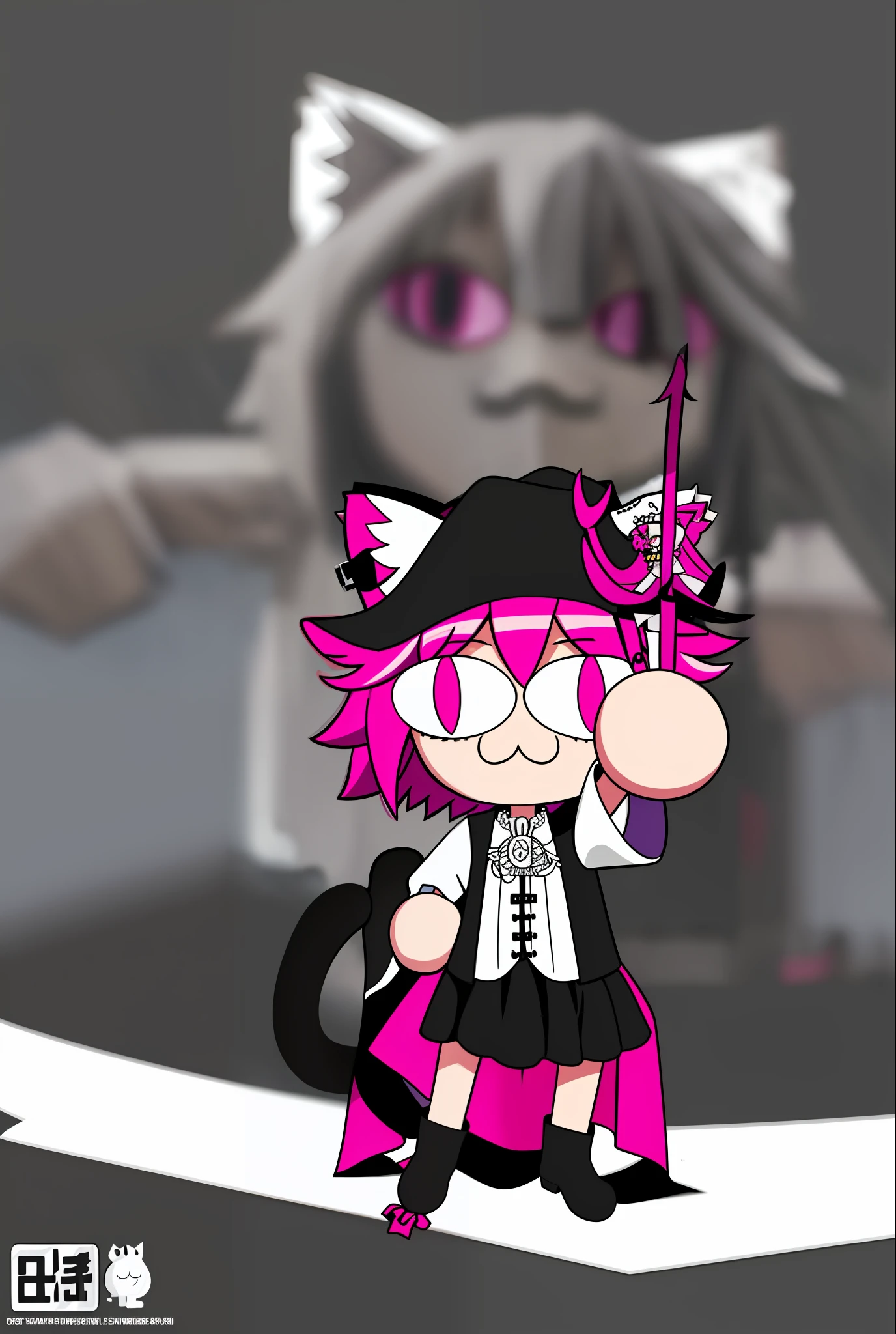 neco arc, middle finger, full body, 1girl, :3, cat ears, full body, chibi, cat girl, cat tail, solo, slit pupils, pirate hat, undercut, magenta eyes, tailcoat and skirt, 2d, cartoon, anime coloring