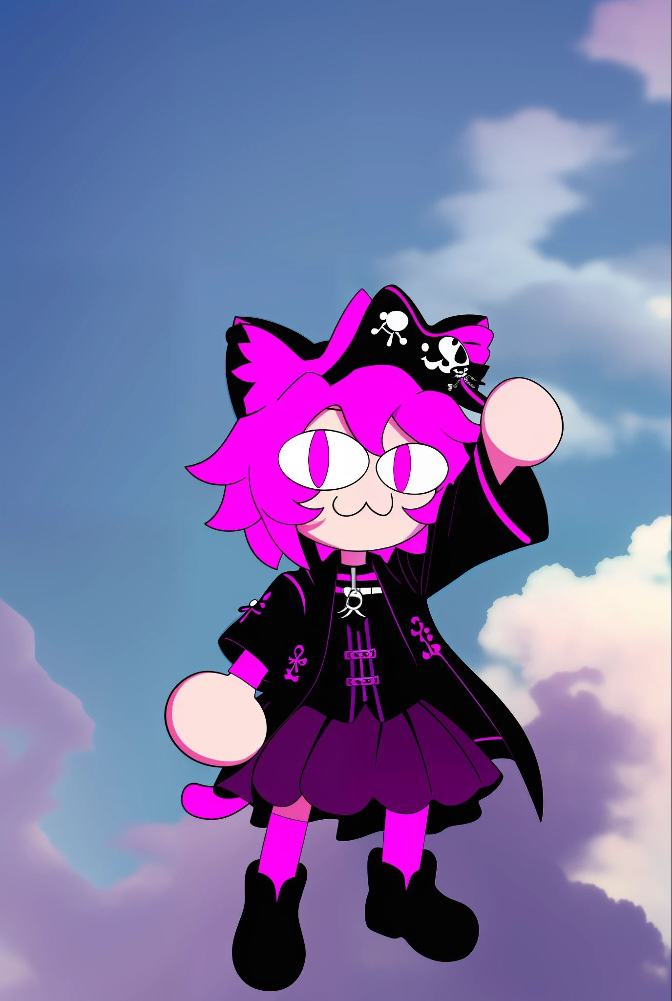 neco arc, middle finger, full body, 1girl, :3, cat ears, full body, chibi, cat girl, cat tail, solo, slit pupils, pirate hat, undercut, magenta eyes, tailcoat and skirt, 2d, cartoon, anime coloring