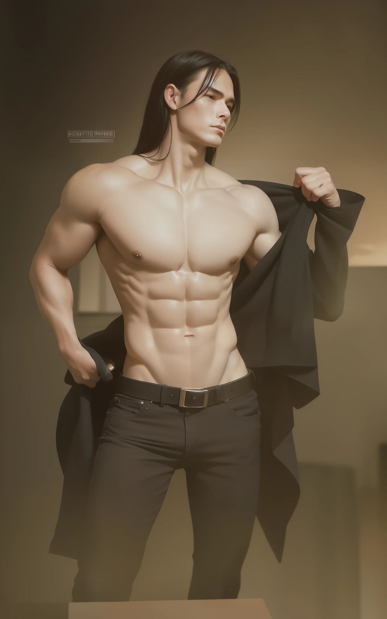 best quality, masterpiece, (realistic: 1.2), 1 man, Eren Jaeger, real life, live action, black jeans, black pants, brown hair, Titan attack, long hair, abs, muscles, shirtless, sunset background, fitness, fit body, slim body, high definition, high quality, gigachad, big head, big skull, masculine features, proportional head