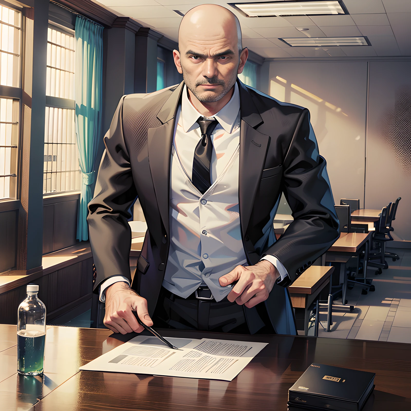 In the conference room, there was a middle-aged man standing up, bald, middle-aged, Mediterranean hairstyle, black suit, angry, super detailed, 4k, super detailed