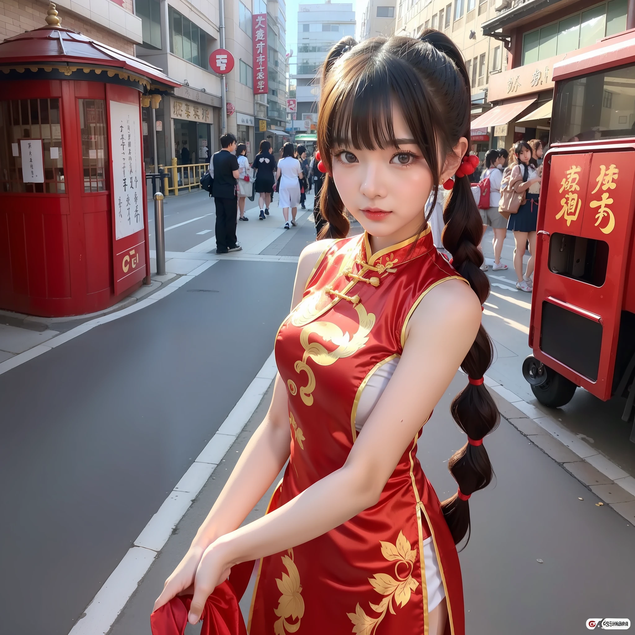 Anime girl in Chinese style costume posing on city street, cheongsam, twin tails, best 4K Konachan wallpaper, (: 1.2), trending on CGSTATION, 4K, trending on art station pixiv, seductive girl, Citao, gwise on pixiv art station, from girls frontline, gravure
