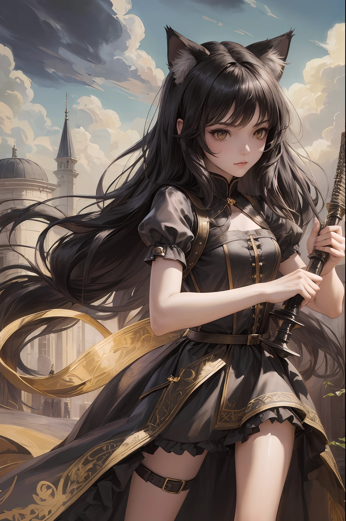 Young Cat girl, young girl holding a claymore, young girl with cat ears and cat tail, long straight black hair, (wearing long princess dress), highly detailed, illustration, full_body, dynamic pose, --auto --s2