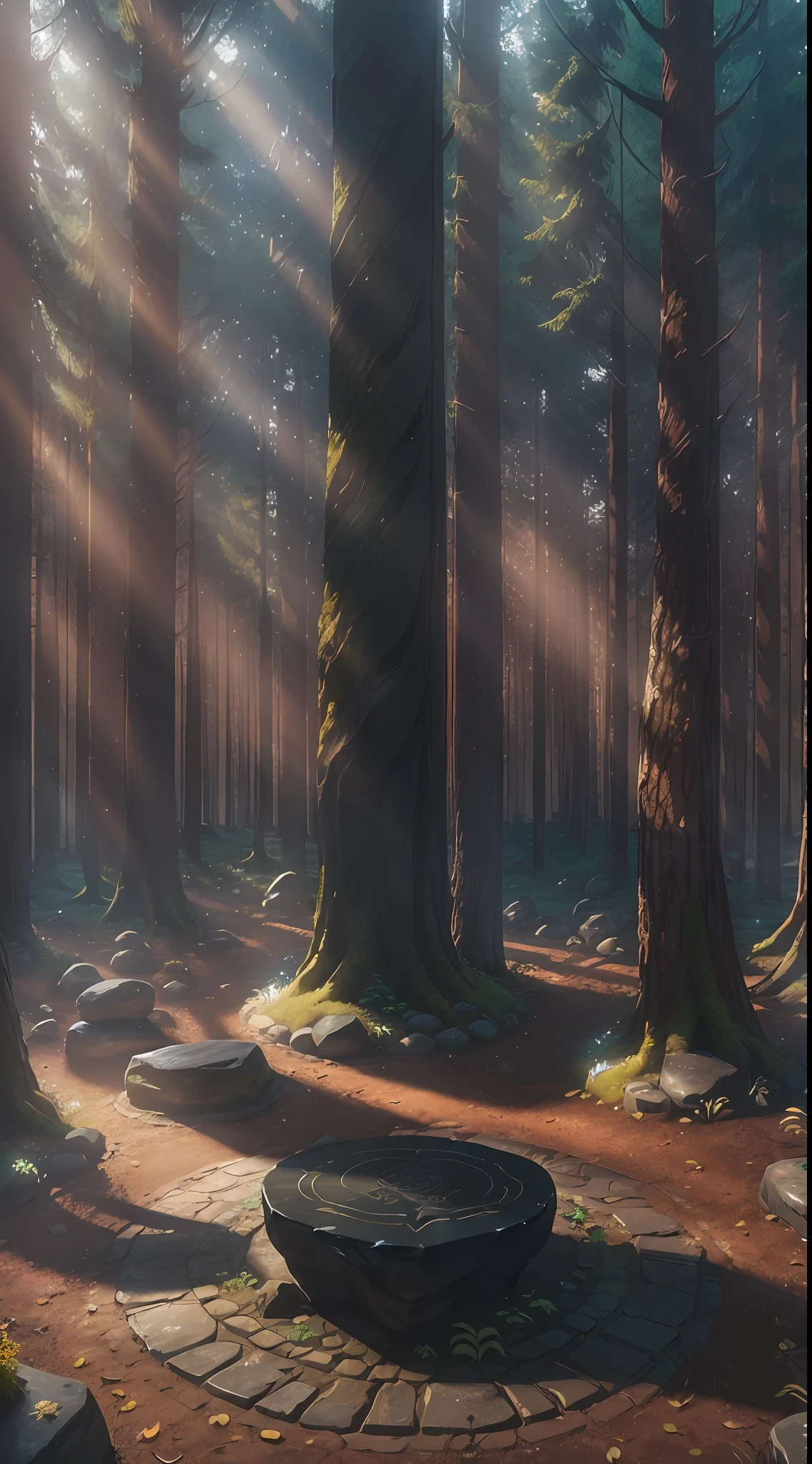 ((A wonderful pattern engraved on a tan black stone standing in the middle of a beautiful forest, a mysterious and huge tan stone with a sign is in a beautiful forest. )), beautiful forest atmosphere, grass decorations, fantasy forest, sparkling forest, engraved stone . Fantastic rendering, ((realistic lighting, highest quality, 8k, masterpiece: 1.3)), fantasy forest, in a forest with no people, calmly illuminating the sunlight, serene, dreamy, game graphics, fantastic rendering, calm, aesthetic, Aesthetics, ((Abstract)), High Octane 8k Rendering, Highly Detailed, Realistic, Super Realistic, High Quality, Best, Super Detail, Insane Detail, Very Detailed, Photorealistic, Epic Composition, Best Quality, 32k -- v6 --auto --s2