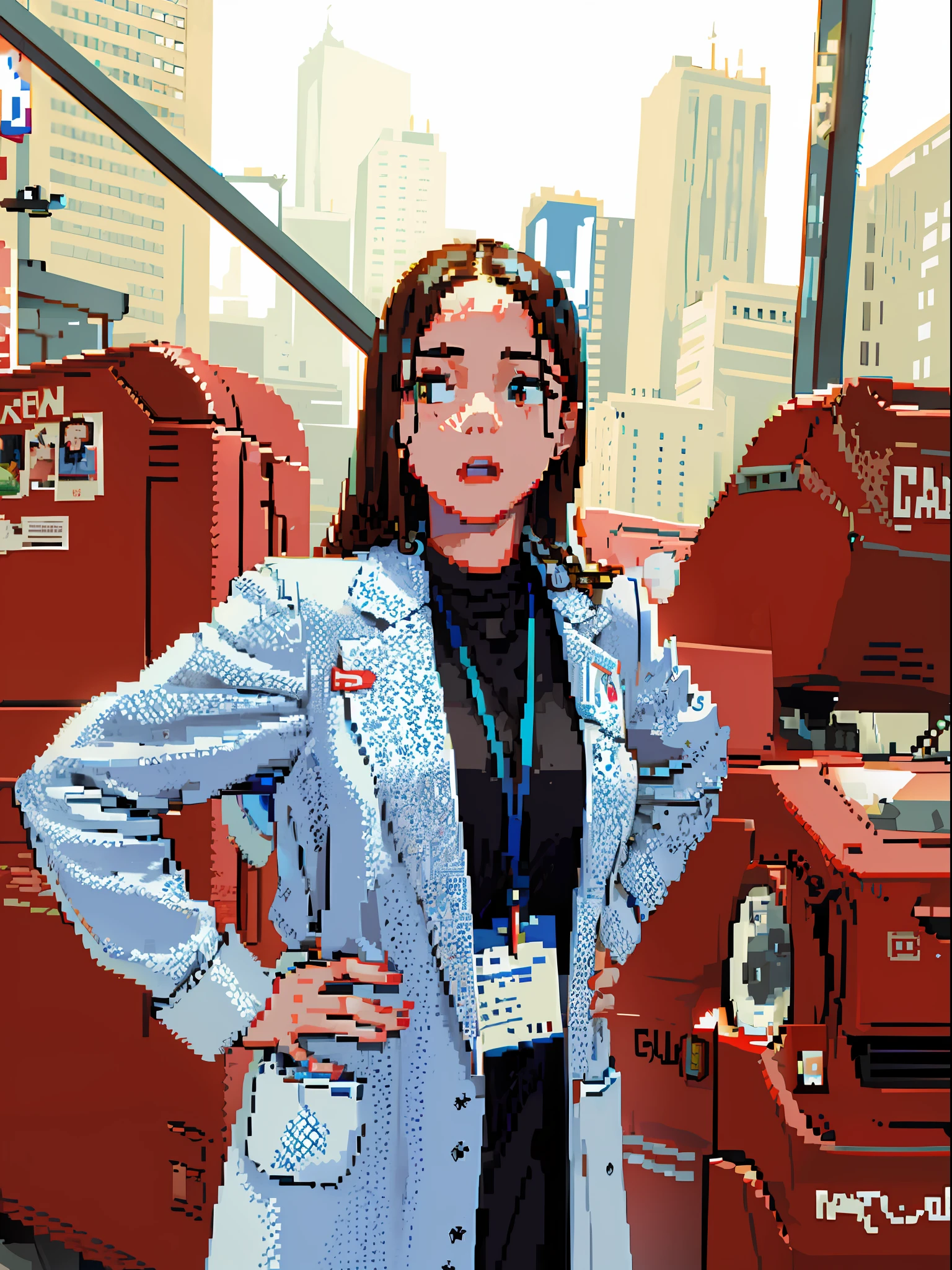 ((pixelart)), woman in blue coat standing in front of large red letters, kailee mandel, photo of young woman, in the background, by Harriet Zeitlin, emily rajtkowski, profile pic, by Winona Nelson, profile shot, by Emma Andijewska, julia sarda, by Daniel Schultz, pixelart, pixel