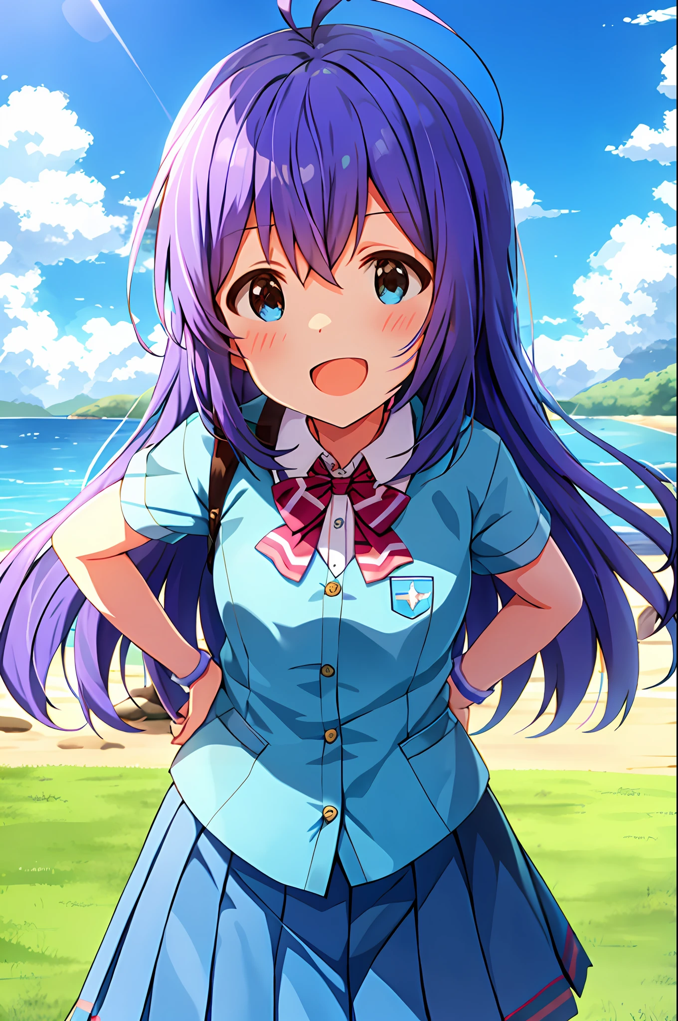 Anna Mochizuki (Million Live), Shiny Trinity \ (Costume), (Best Quality, 8K, Masterpiece, Super Detail: 1.2), Sea, Sun, Dappled Sunlight, Blue Sky, Beautiful Clouds, 1 Girl, Solo, Skirt, Open Mouth, V, View Viewer, White Sailor Color, Blue Shirt, Sailor Color, Blue Skirt, Pleated Skirt, Short Sleeve, :d, Shirt, School Uniform, Blush, Serafuk, Clavicle, BowPut your hands on your hips, stretch your chest, clench your fists, look up.