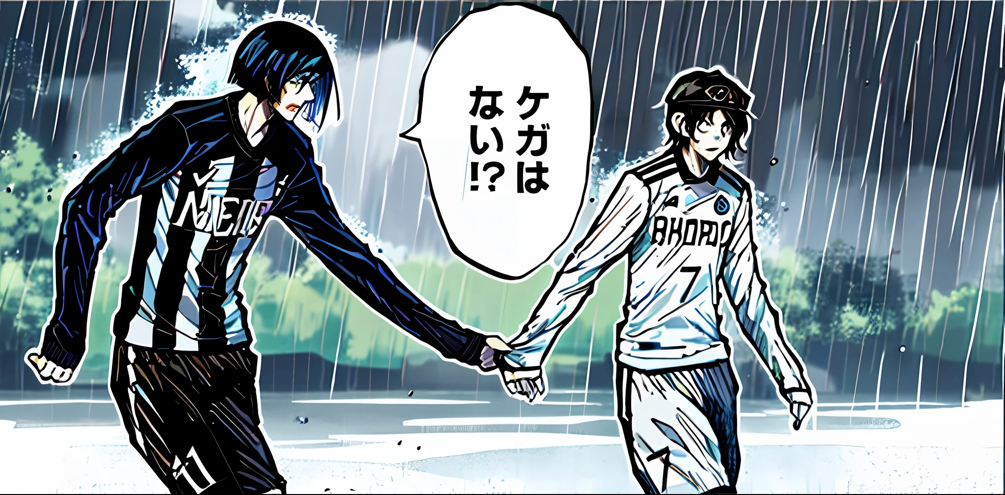 color manga panel, 2 boys, longsleeve shirt, soccer, rain