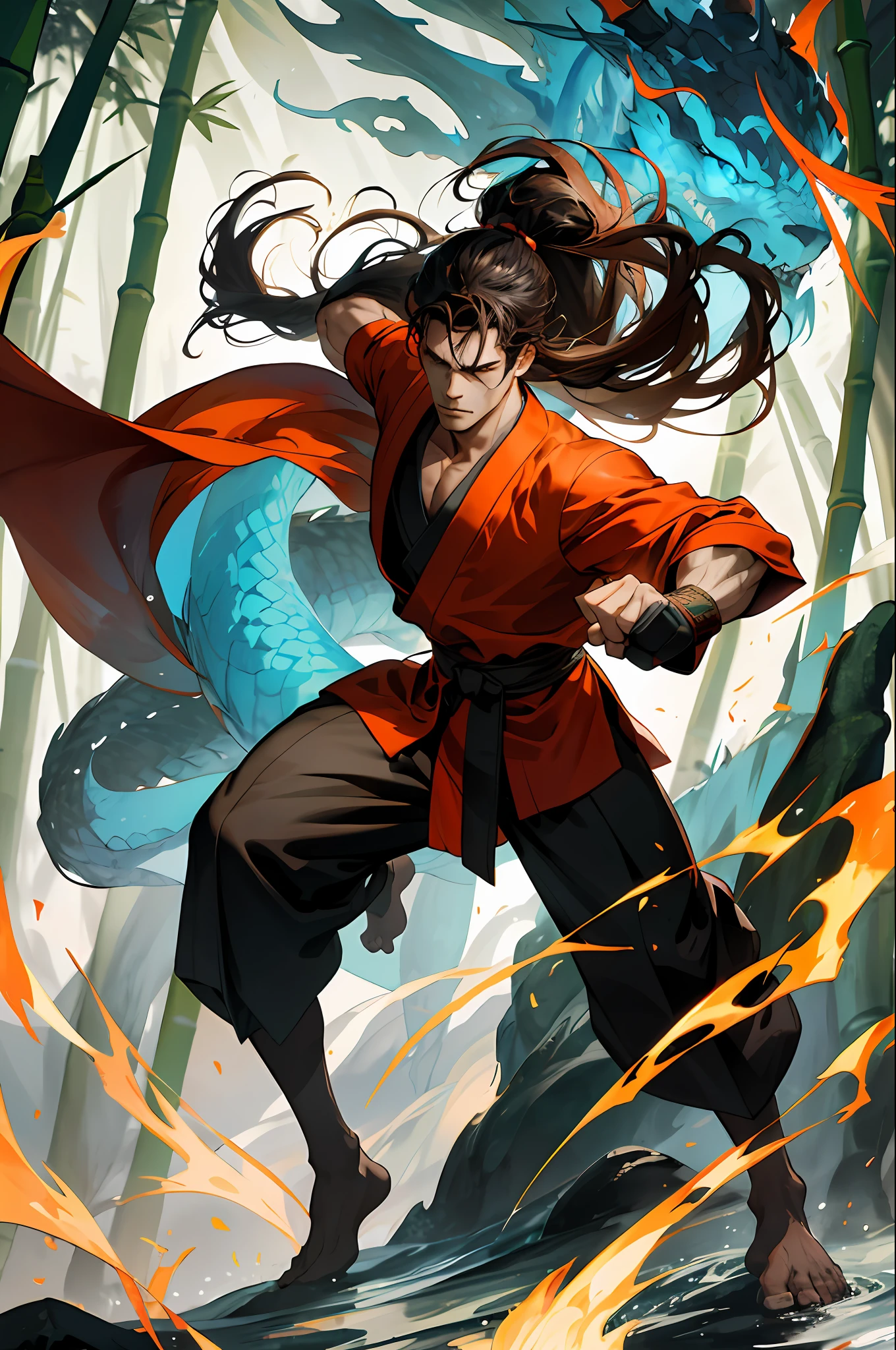 (Absurd, intricate details, masterpiece, best quality, high resolution, 8k), 1 male, mature, handsome, tall muscular man, broad shoulders, ponytail hair, dark brown eyes, fine eyes and detailed face, behind him is a huge water element, (style swirl magic: 0.7), (full body: 0.6), (Chinese fantasy theme: 1.1), hair fluttering in the wind, martial artist, dynamic pose, combat stance, clenched fists, fingerless gloves, wristbands, dragon-themed costumes, monk robes, Bamboo forest in background, rotating floating particles, dynamic composition, mysterious oriental medieval atmosphere, depth of field, visual effects.