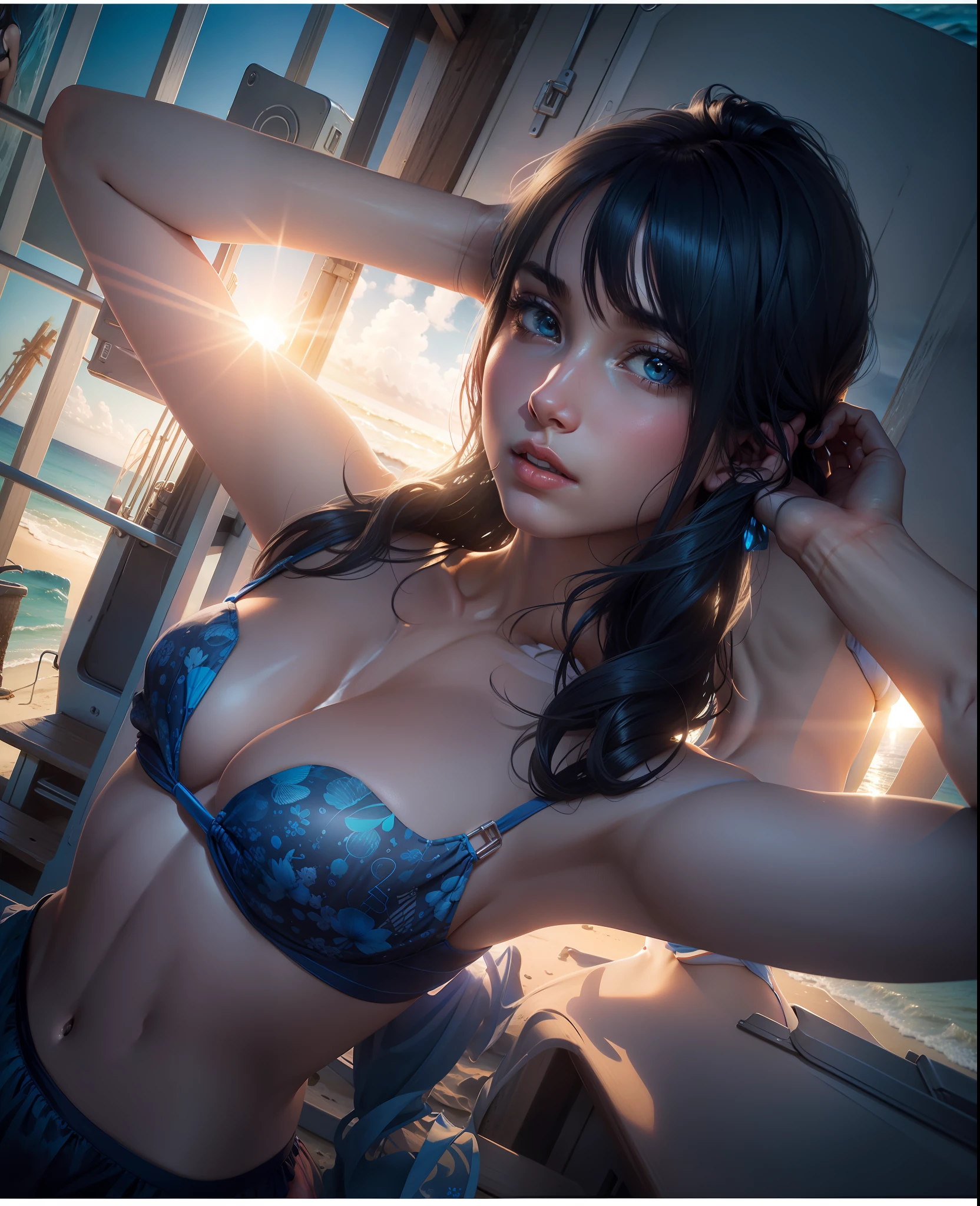 Blue bikini, beach, evening, backlit, half body in the sea --auto --s2