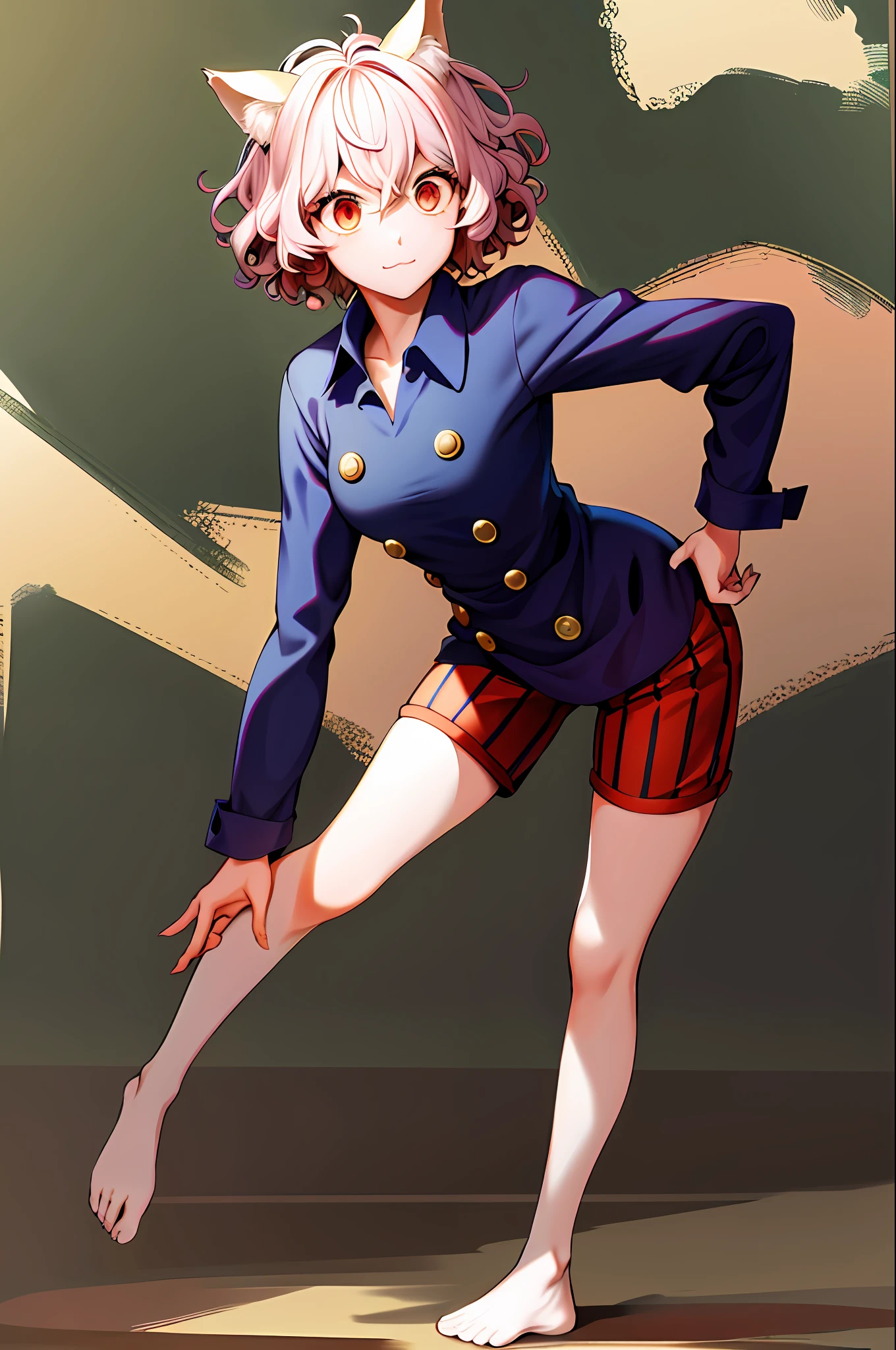 masterpiece, best quality, highres, neferpitou1, cat ears, (cat tail:0.6), solo, short hair, red eyes, long sleeves, hair between eyes, :3, curly hair, striped, cat girl, buttons, striped shorts, town, leaning forward, hand on hip,