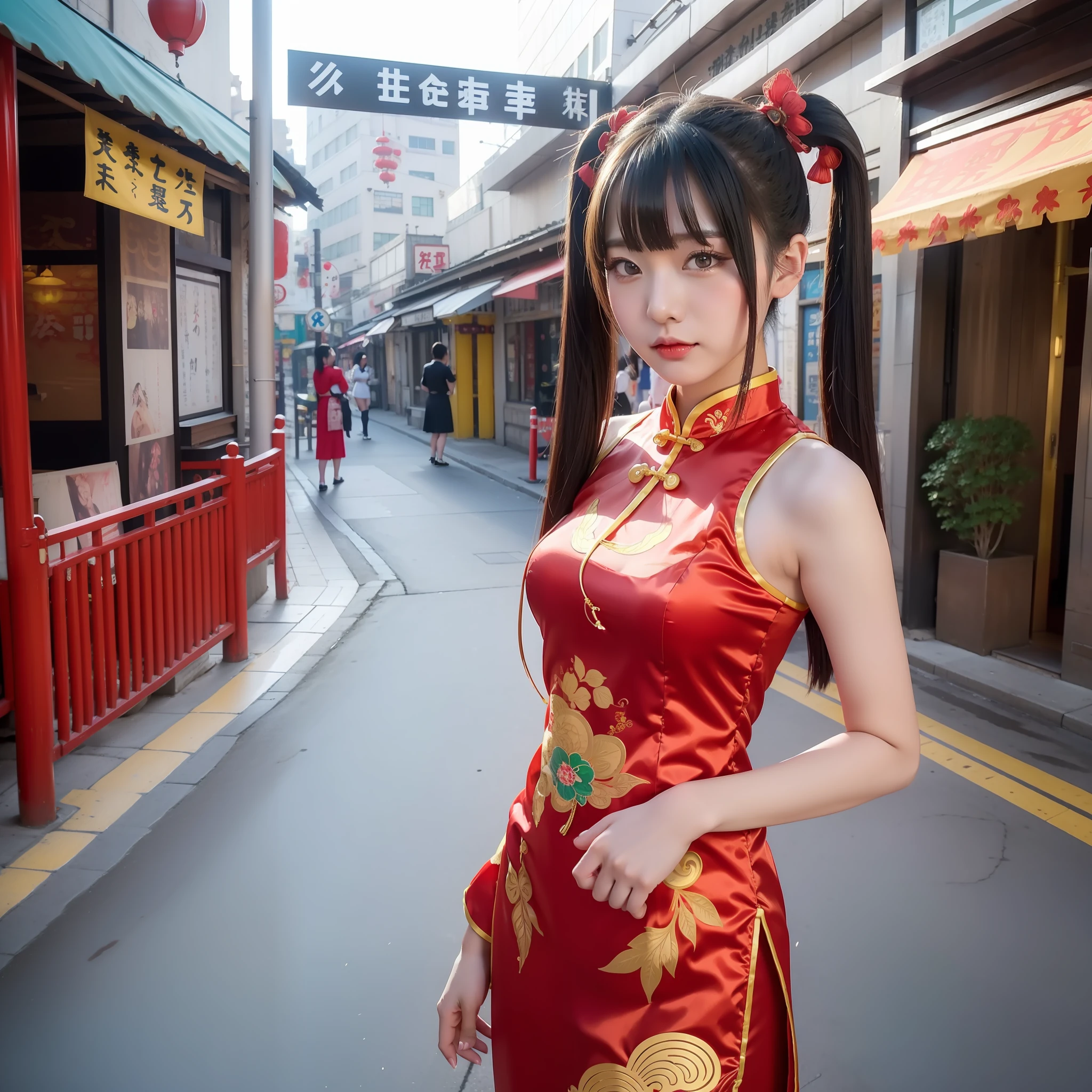 Anime girl in Chinese style costume posing on city street, cheongsam, twin tails, best 4K Konachan wallpaper, (: 1.2), trending on CGSTATION, 4K, trending on art station pixiv, seductive girl, Citao, gwise on pixiv art station, from girls frontline, gravure